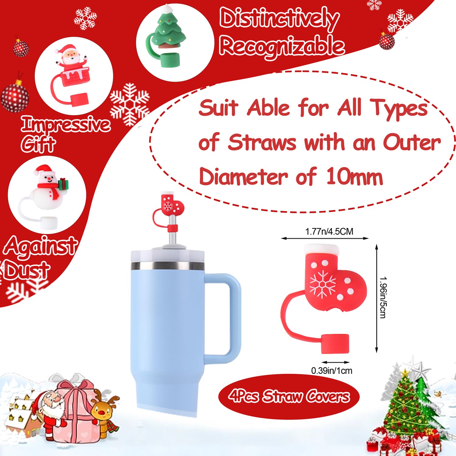 6 Stück Weihnachts-Strohhalm-Abdeckungen Für Stanley-Becher – Wiederverwendbar, Lebensmittelechtes Silikon – Motiv: Schneemann, Weihnachtsmann & Mehr