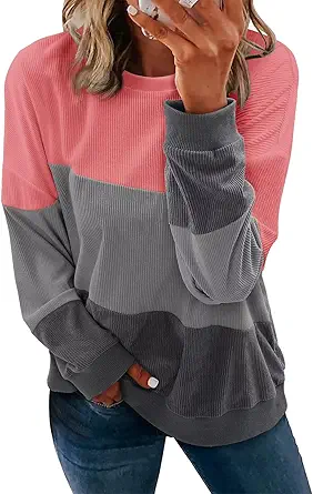 KISSMODA Womens Casual Long Sleeve Sweatshirts Color Block/Solid Tops Corduroy Crewneck Tunic Pullover with Pockets