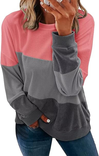 KISSMODA Womens Casual Long Sleeve Sweatshirts Color Block/Solid Tops Corduroy Crewneck Tunic Pullover with Pockets