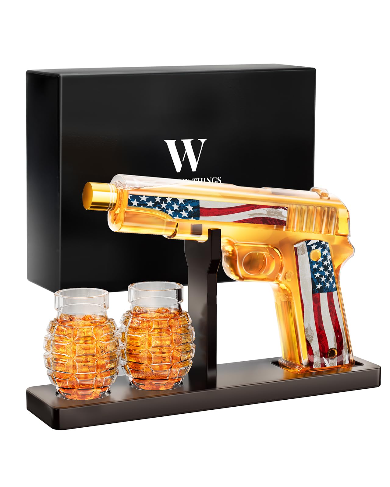 TheWineThings Whiskey Decanter Gift Set with 2 Grenade Glasses, Flag