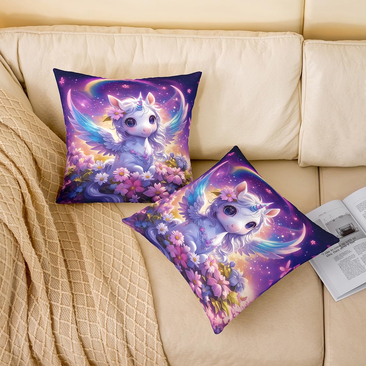 Homewish Unicorn Wings Pillow Cover 22x22 Inch Cartoon Pink Wild Daisy Pillow Case for Kids Girls Teens Dreamy Purple Sky Starry Galaxy Cushion Cover for Bed Office Sofa