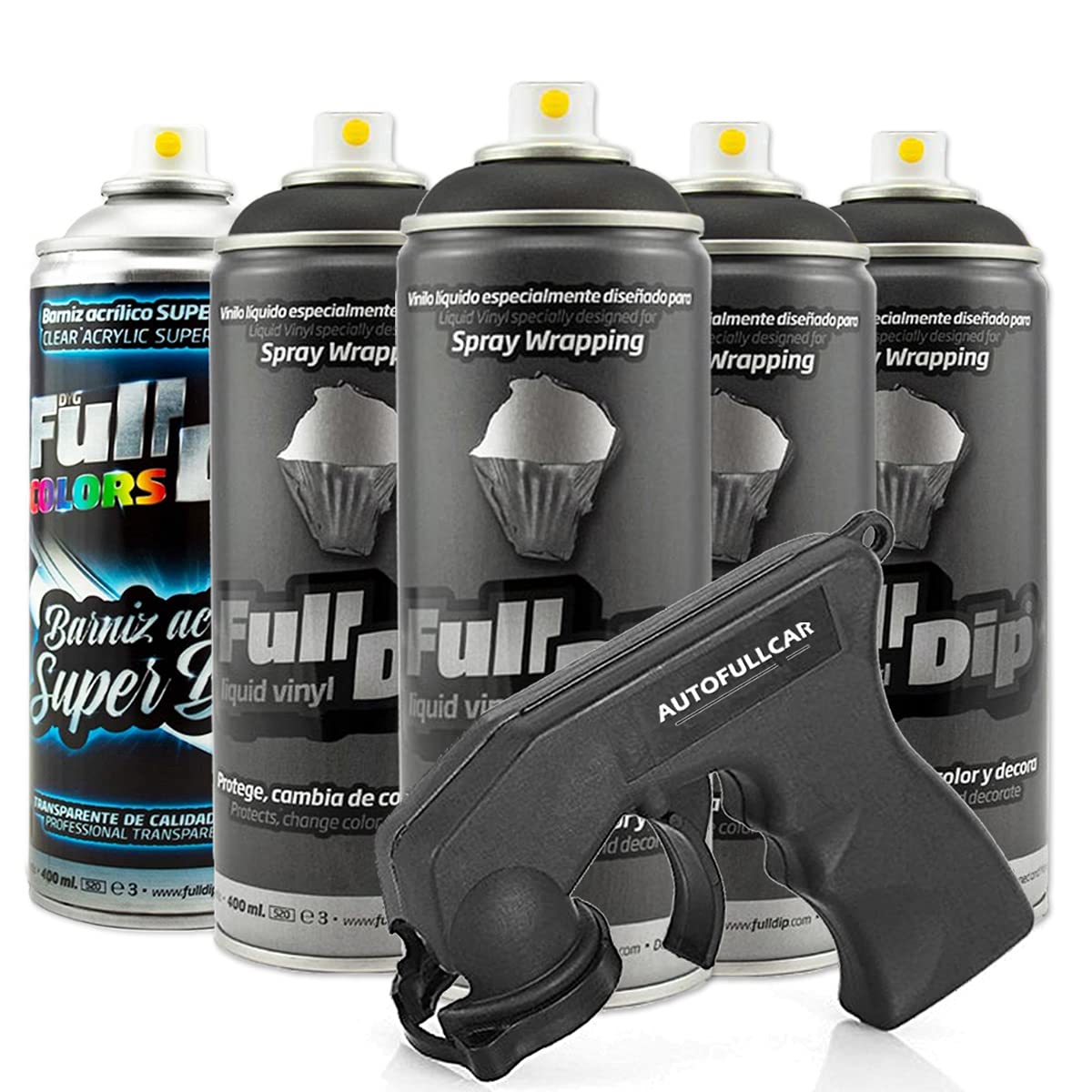 AutoFullCar - Pack 4 Sprays Full Dip Negro + 1 Spray Barniz Acabado Brillo - Adaptador Incluido - Vinilo Líquido - 400 ml. Unidad