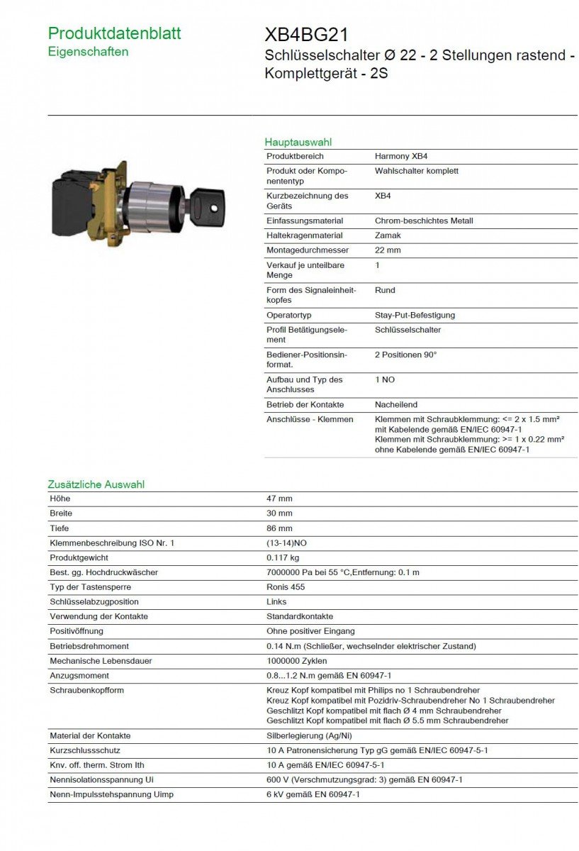 Schneider Electric - Harmony XB4 - bouton à clé 455 - Ø22-2 pos fix - retr G - 1F - vis étrier - XB4BG21