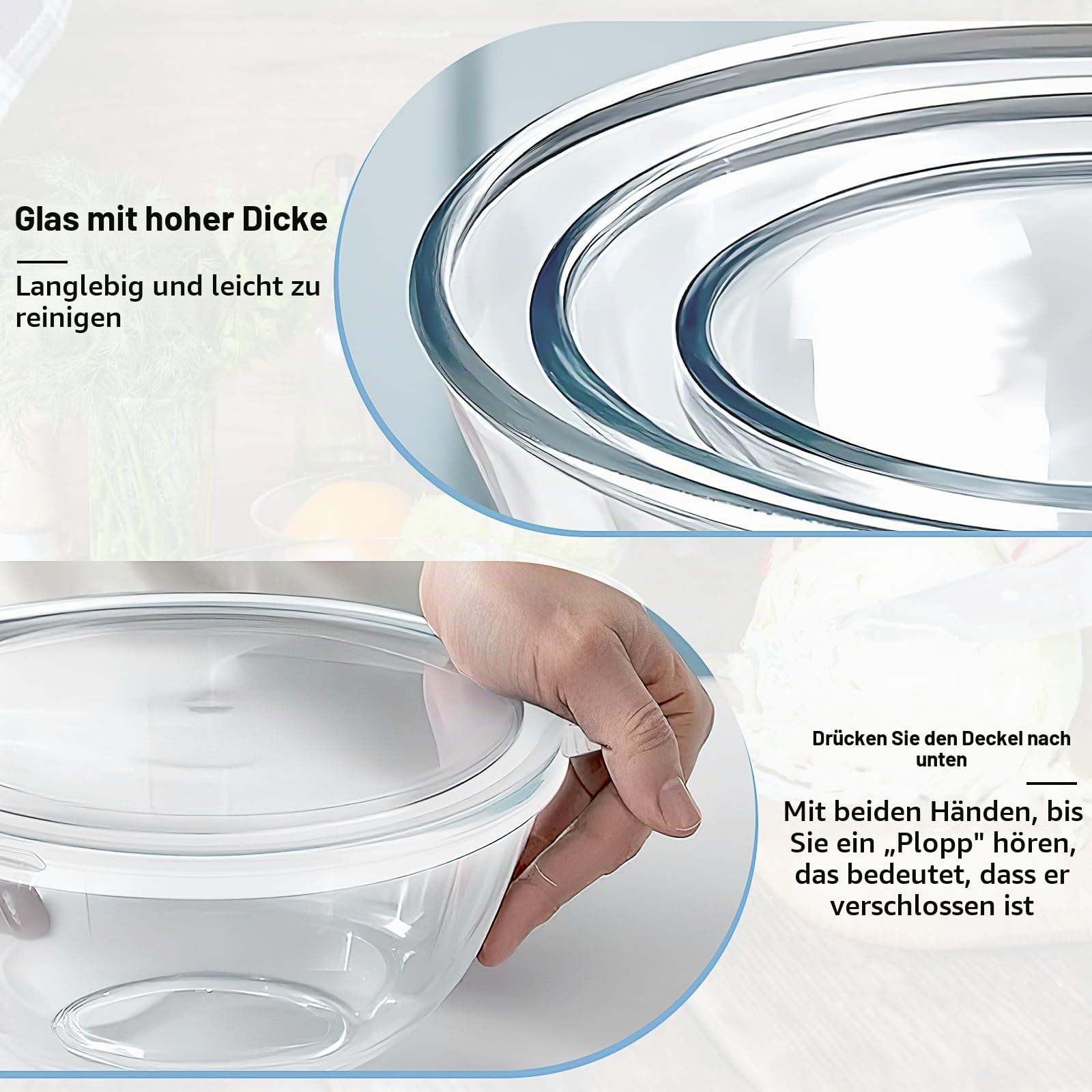 3er Set Glas Rührschüssel mit Deckel, Große Rund Salatschüsseln(4,5 L, 2,7 L, 1,1 L) aus Borosilikatglas, Stapelbare Schüsseln mit Deckel für Kochen, Backen, Vorbereiten, Mikrowellengeeignet
