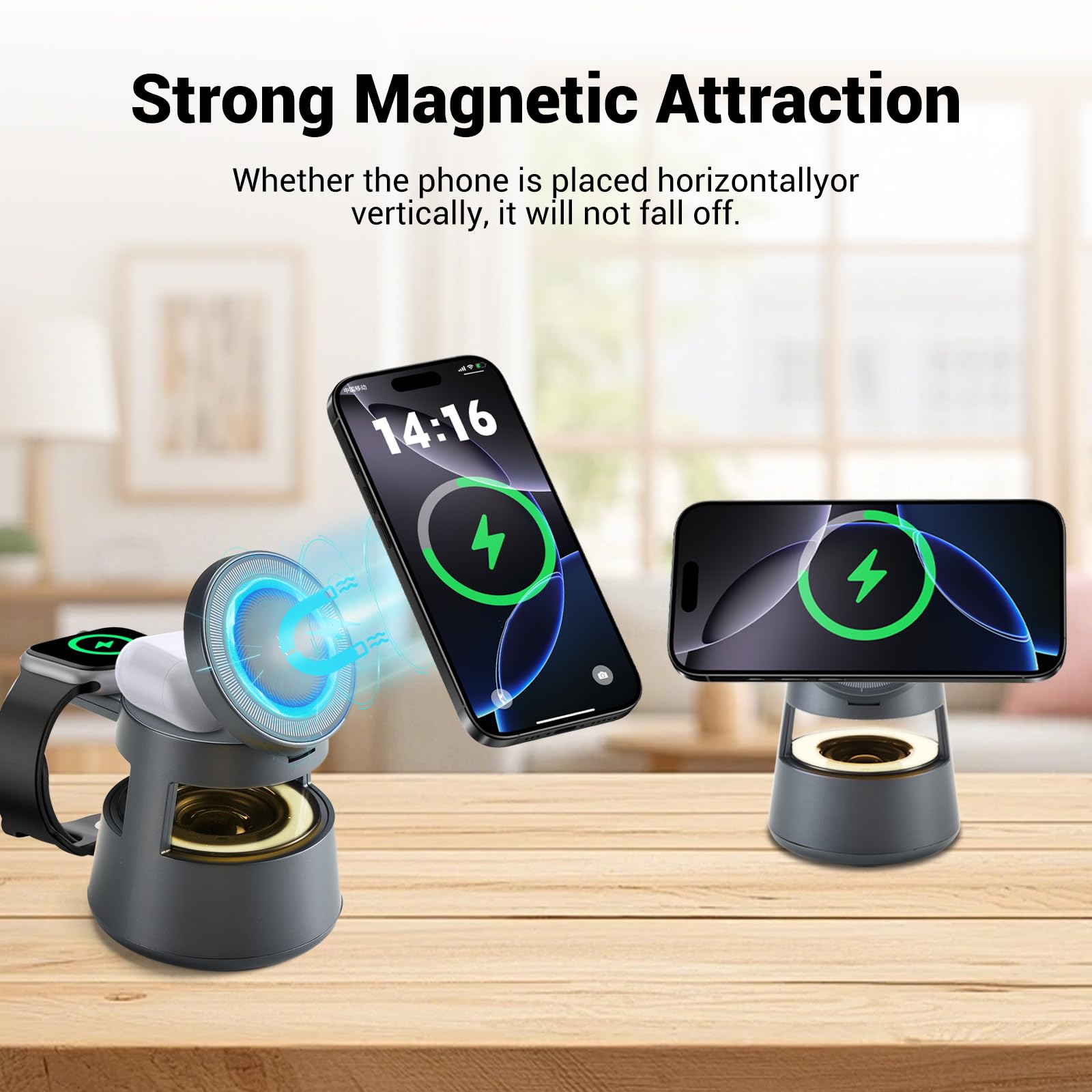 KozyOne Bezprzewodowa stacja ładująca 5 w 1 z głośnikiem Bluetooth, magnetyczna szybka ładowarka, lampka nocna, stacja dokująca do ładowania kompatybilna z iPhone 17/16/15/14/13/12, Apple Watch