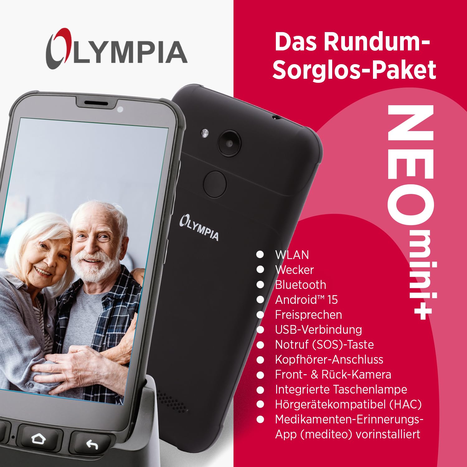Olympia NEO Mini+ Seniorenhandy | 5" Senioren Smartphone mit Notruftaste & großen Icons | Extra einfache Bedienung | Übersichtliche Menüführung | Senioren mit Whatsapp | Android 15 | 4G LTE Dual SIM