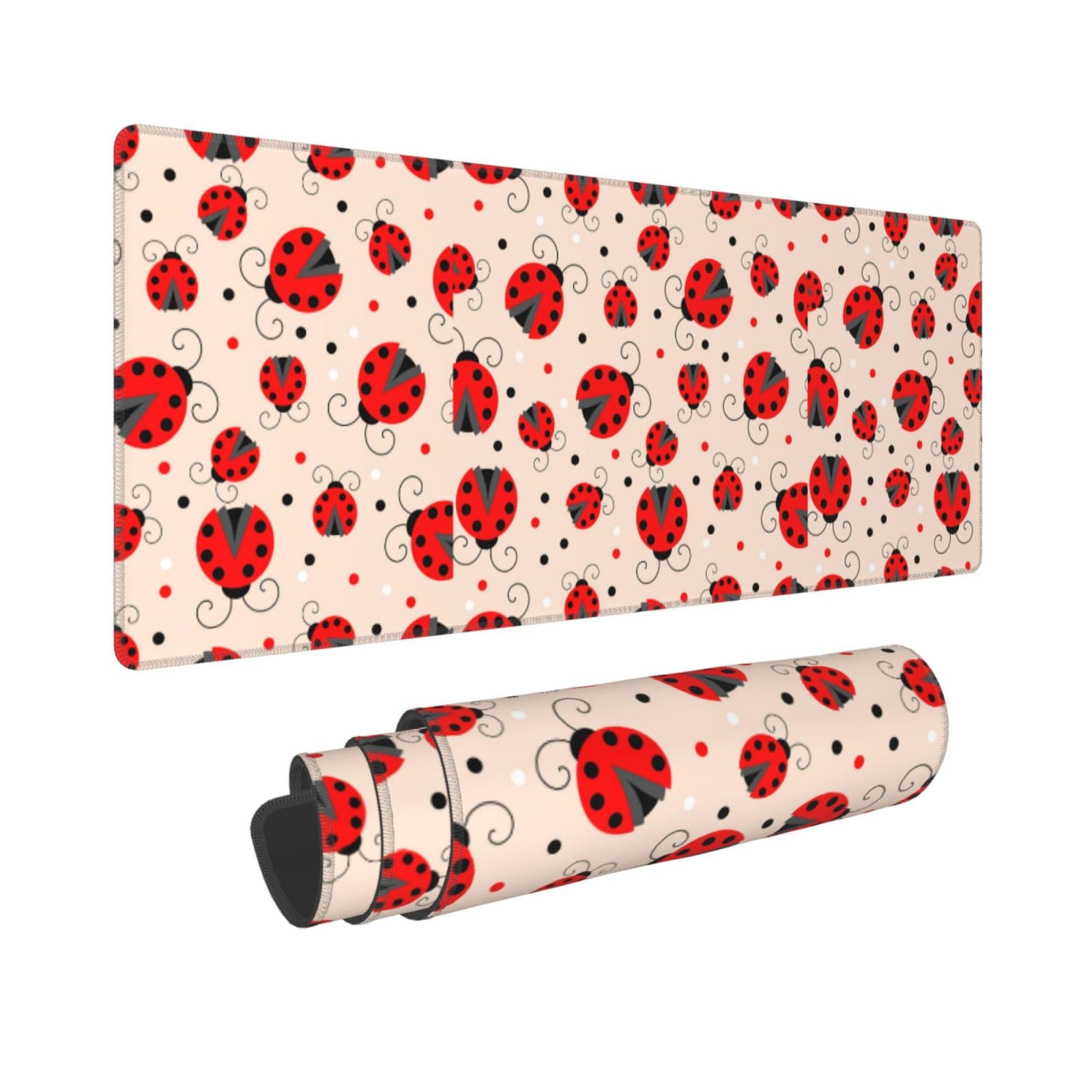 Xiso Ver Red Ladybug Large Gaming Mouse Pad 31.5 x 11.8in Keyboard Mouse Mat Desk Keyboard Pad for Work, Play, Office, Home with Non-Slip Rubber Base Stitched Edges