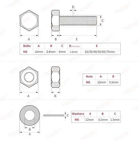 Vista 27 de YEEZET Juego de 12 tornillos de cabeza hexagonal M10, tornillos y tuercas planos y arandelas de bloqueo, kit surtido de acero aleado grado 8.8