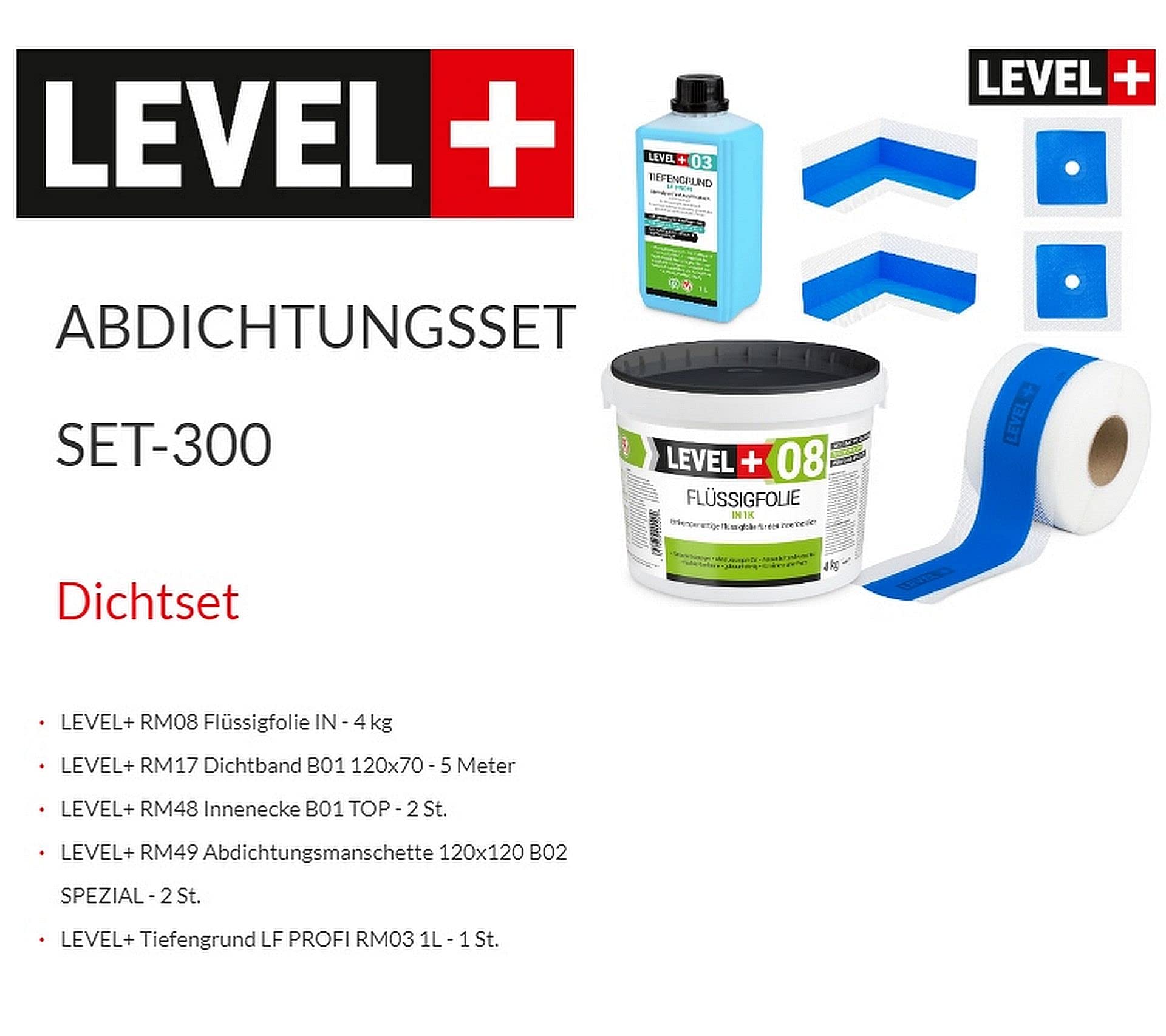 Dichtset 4 Kg Flüssigfolie, 2 Innenecken, 2 Wandmanschetten, 5m Dichtband | Tiefengrund 1 L Abdichtungsset Bandset Dusche Bad Küche SET300