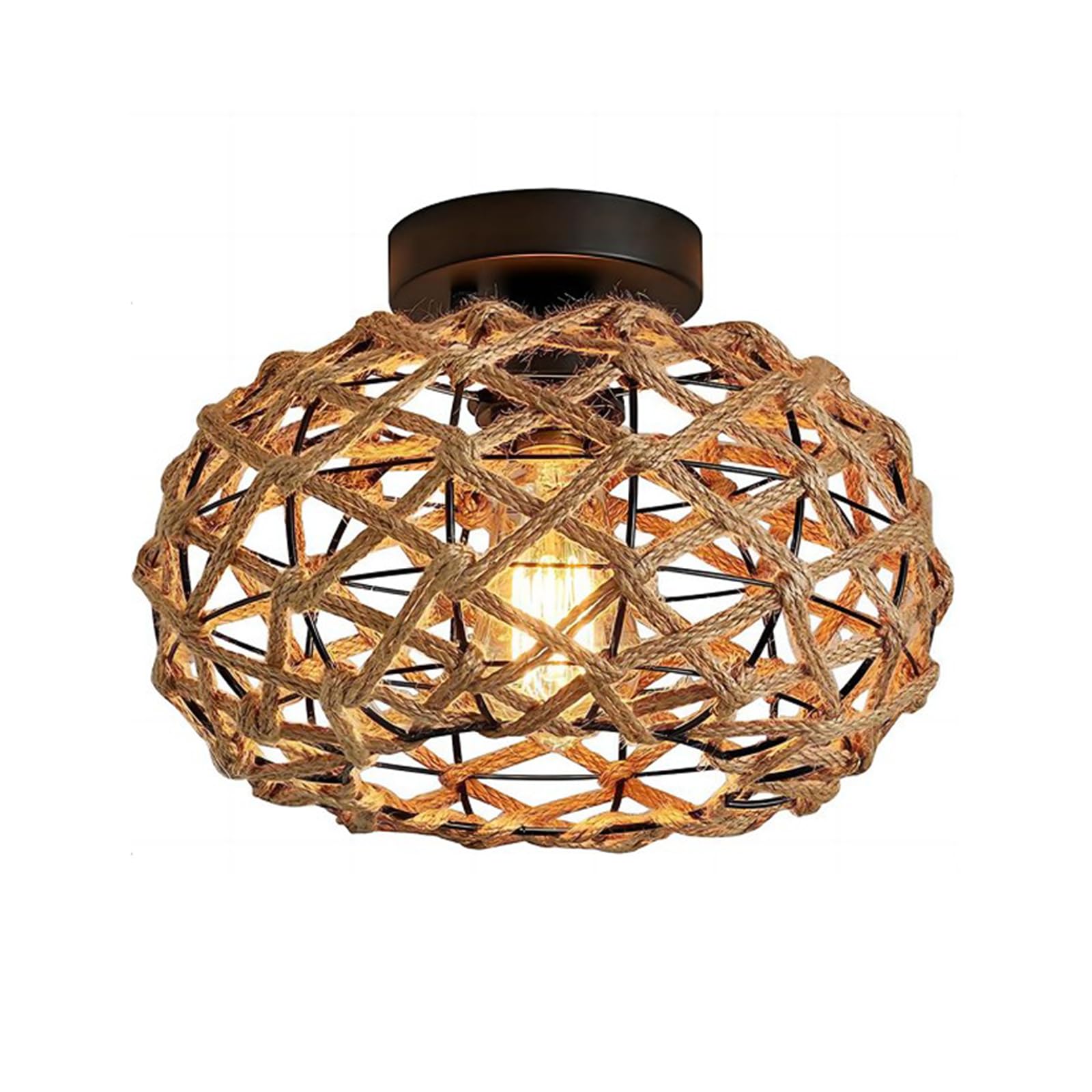 LIGKIN Vintage Deckenleuchte Boho Rattan Hängelampe, E27 Metalle Geflochten Lampenschirm Deckenlampe, Ø25CM Rustikal Industrielle Deckenleuchten für Schlafzimmer Wohnzimmer Korridor
