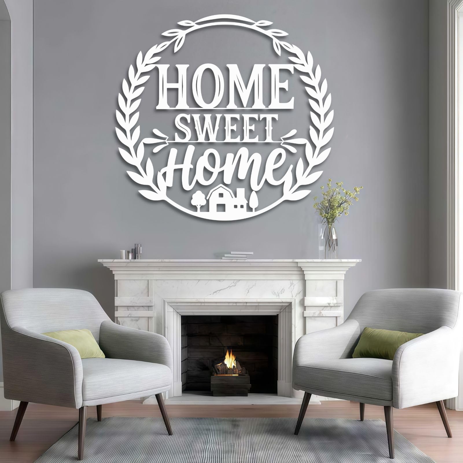 Schwarzes Metall-Wandbild „Sweet Home“ im Landhausstil, Wanddekoration für Eingangsbereich, Wohnzimmer, Schlafzimmer, Flur und Treppenhaus, Natur-Wohndeko (Schwarz, 48 cm breit)