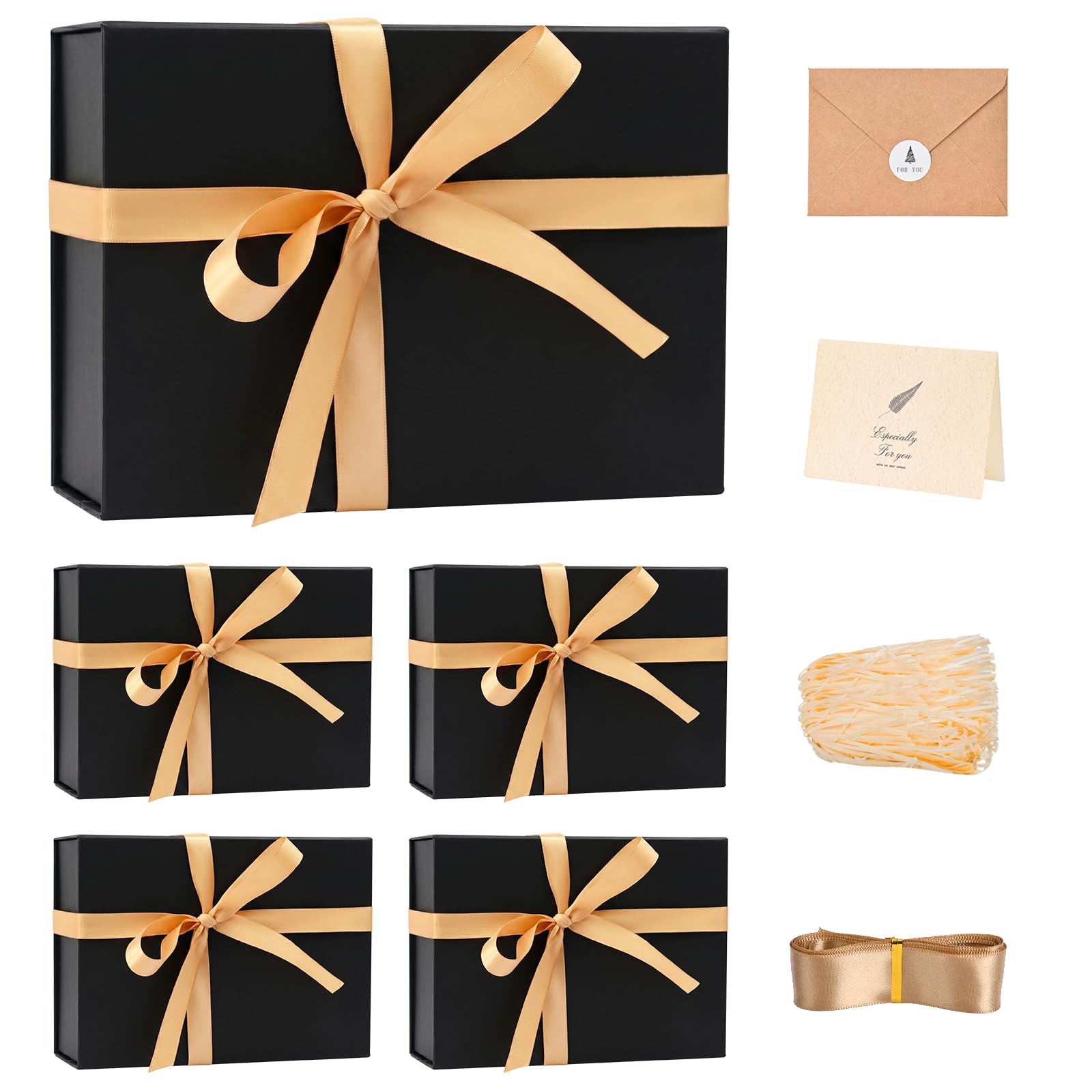 LIFELUM Confezione da 5 scatole regalo pieghevoli nere 24,1 x 17,8 x 8,9 cm, con coperchio magnetico, nastro, biglietti di auguri, riempitivo di carta triturata per la festa del papà, testimoni dello