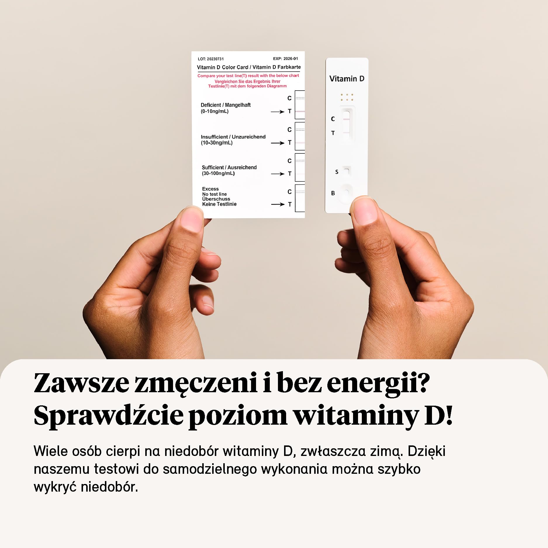 Test witaminy D w domu – szybki samodzielny test niedoboru witaminy D | 2 testy krwi w domu bez laboratorium | pobieranie próbek poprzez test na palcu | łatwy odczyt za pomocą karty