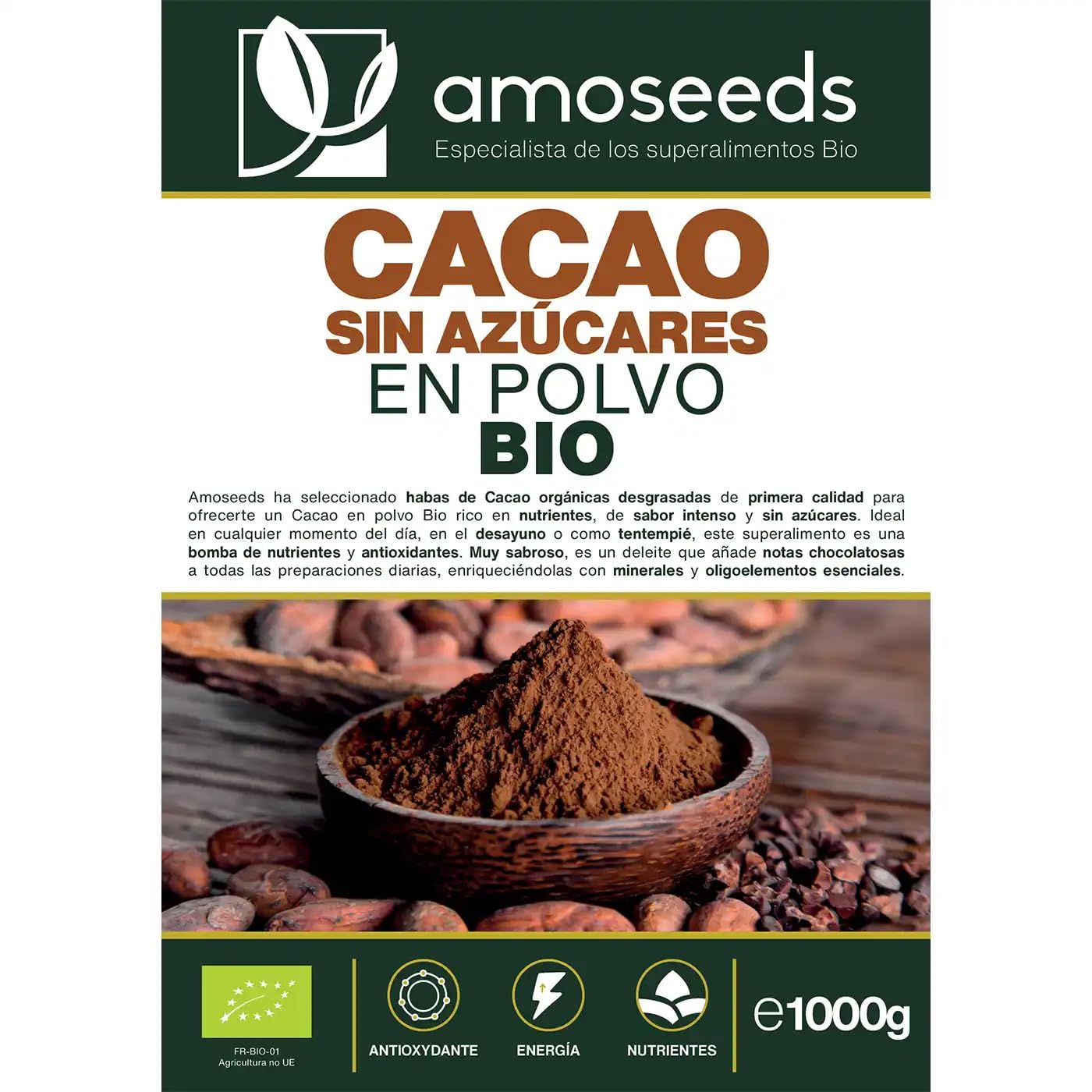 Cacao sin Azúcares en polvo BIO | 100% Puro y Natural | Habas de Cacao desgrasadas Orgánicas | Intenso sabor a chocolate | Primera Calidad