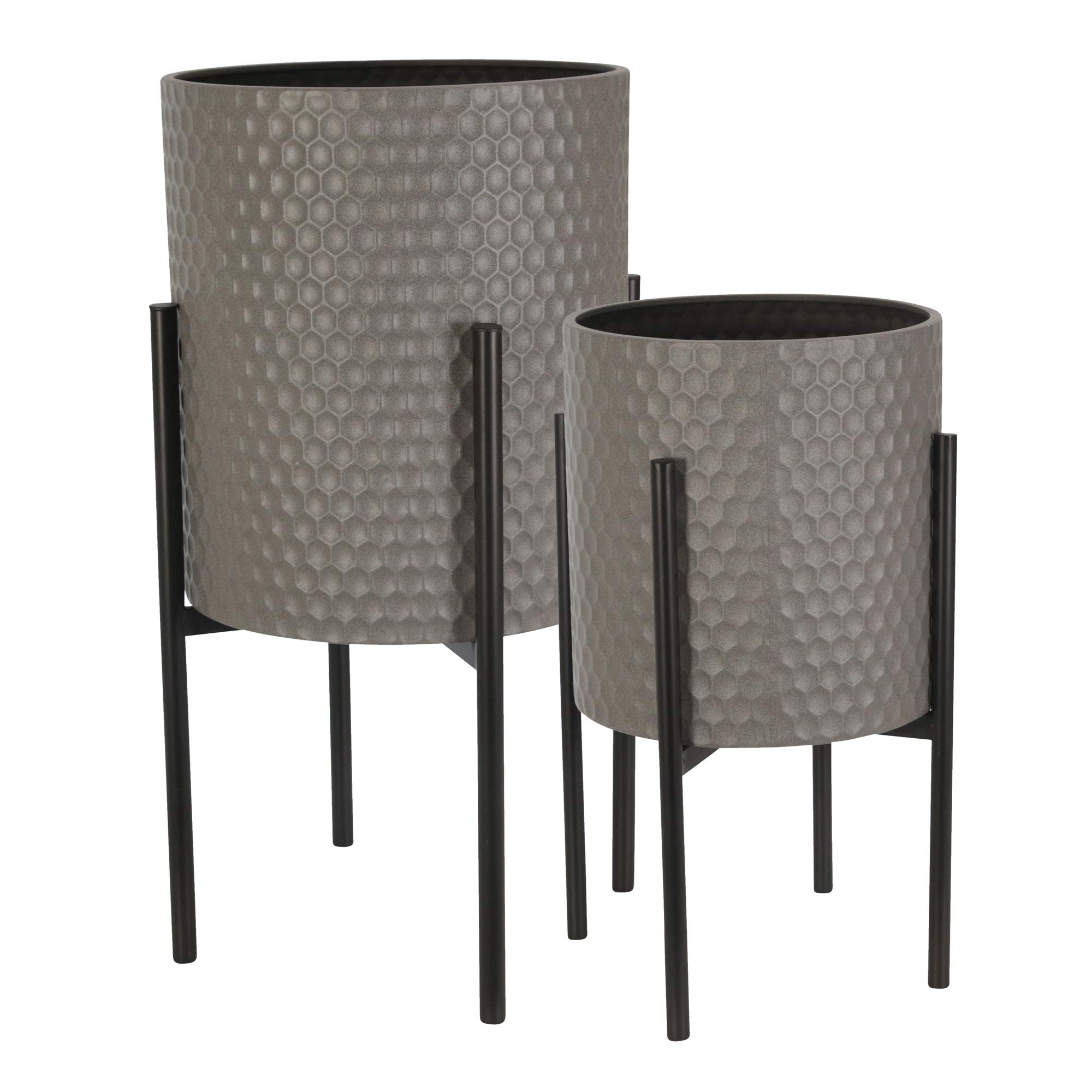 Sagebrook Home Set of 2 Honeycomb Planter Pots on Metal Stands, Gray and Black, 14 L x 14 W x 23 H