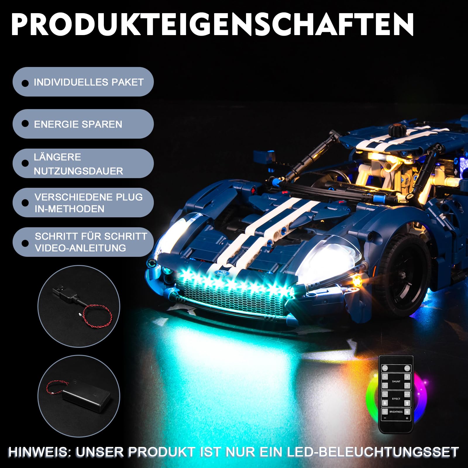 Fernbedienung Licht-Kit für Lego 42154 Technic Ford GT 2022 Auto-Modellbausatz (Kein Lego-Modell), Led Beleuchtungs Set Kompatibel mit Lego Ford GT, Kreative Spielzeuglichter für Erwachsene und Kinder