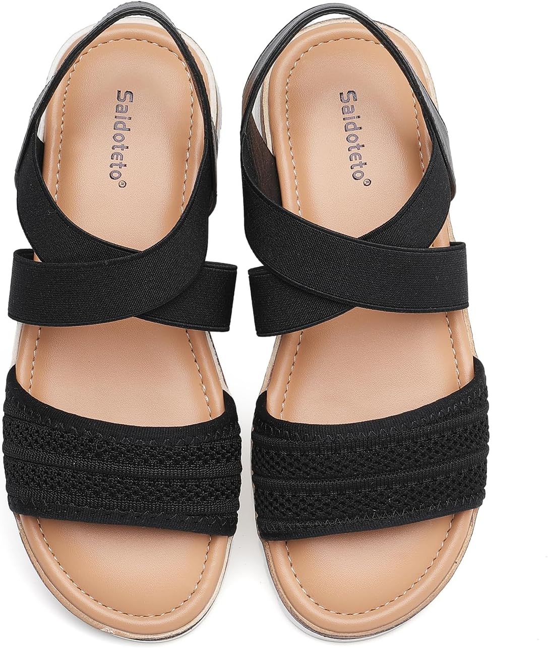 Saidoteto Women's Wide Width Flat Sandals,Comfortable Elastic Ankle Strap Slingback Slip-On Open Toe Low Wedge Walking Sandals for Summer & Casual.Size 6 Black WSD240809-04