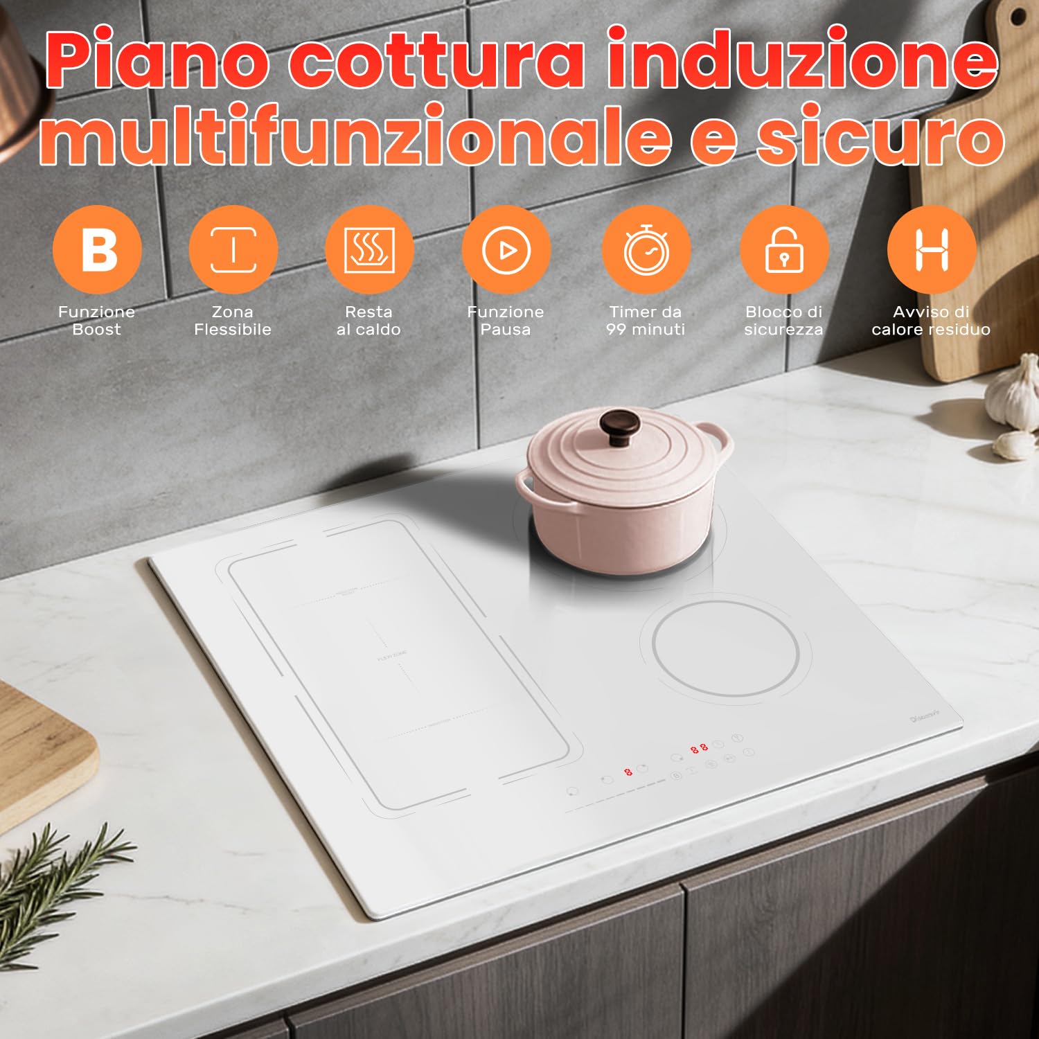Piano Cottura Induzione Bianco 4 Fuochi con Spina, Piano a Induzione 3500W con Zona Flessibile, Funzione Boost, Timer, Pausa, Mantenimento in Caldo, Blocco di Sicurezza, 220V