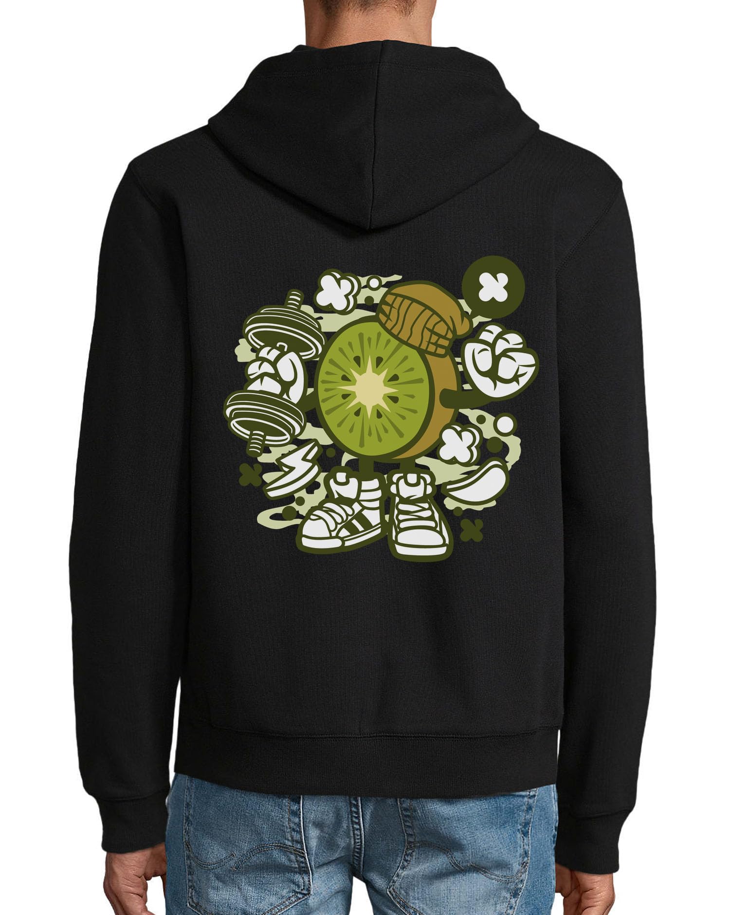 Kiwi Sports - Felpa con cappuccio in misto cotone e cerniera, stile hip hop, colore: nero