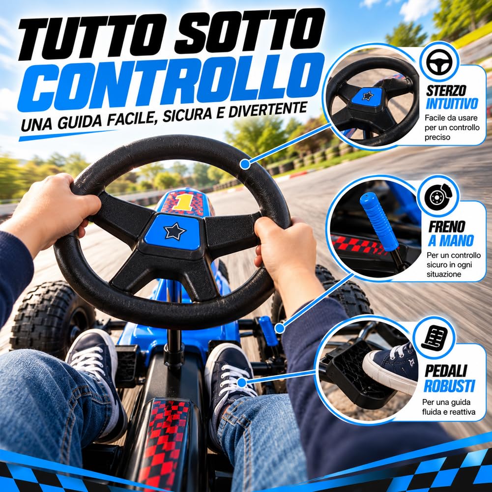 BAKAJI Go Kart a Pedali per Bambini dai 5 ai 12 Anni, Sedile Regolabile ed Ergonomico, Ruote in Gomma Pneumatici ad Alta Tenuta, Bici per Bambini con Telaio Resistente e Freno a Mano