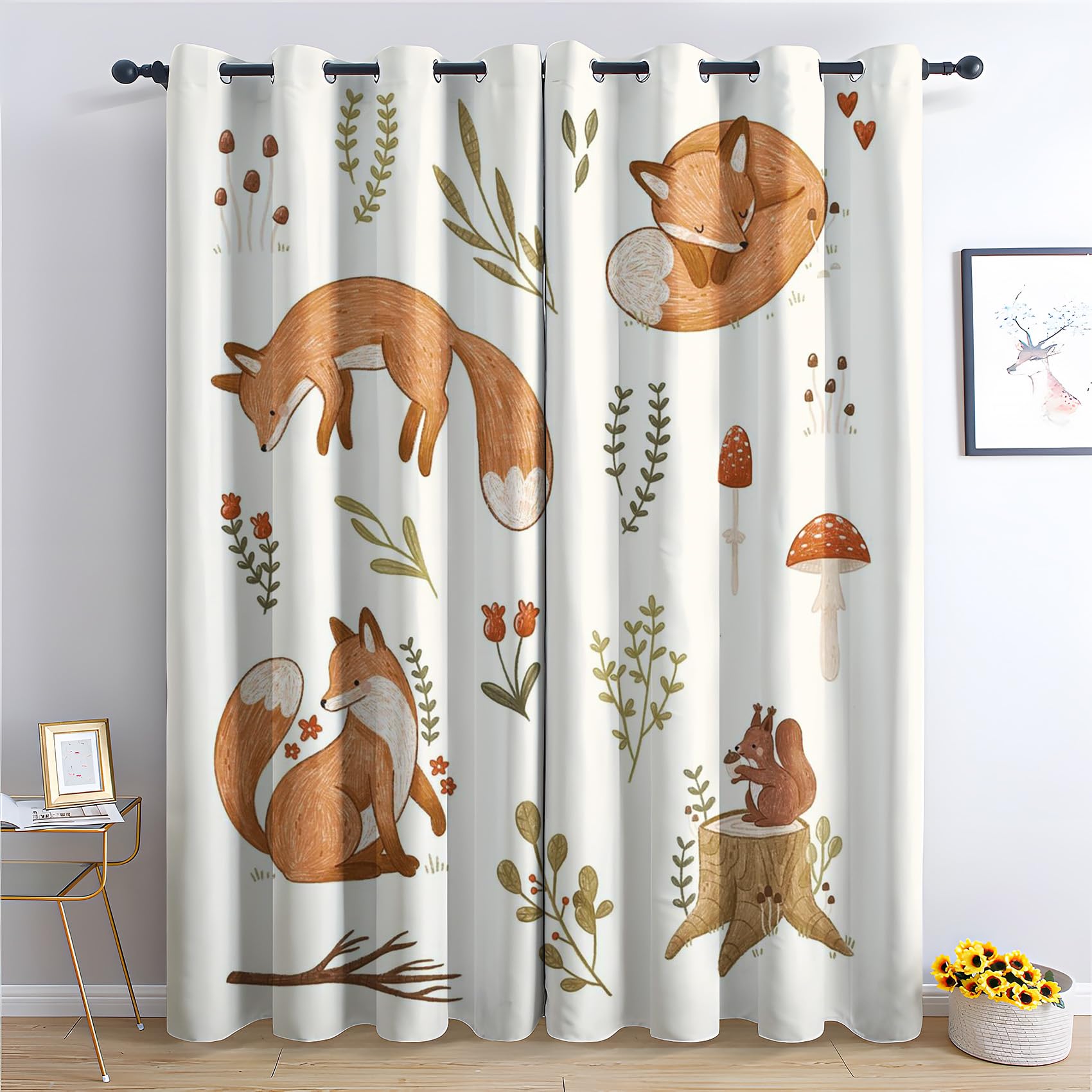 Rideau Occultant Thermiques Enfant Renard - Lot de 2 Rideaux Imprimé pour Salon Chambre Fenetre Cuisine, Rideaux et Draperies Intérieurs à Oeillets, 117x137 cm (LxH)