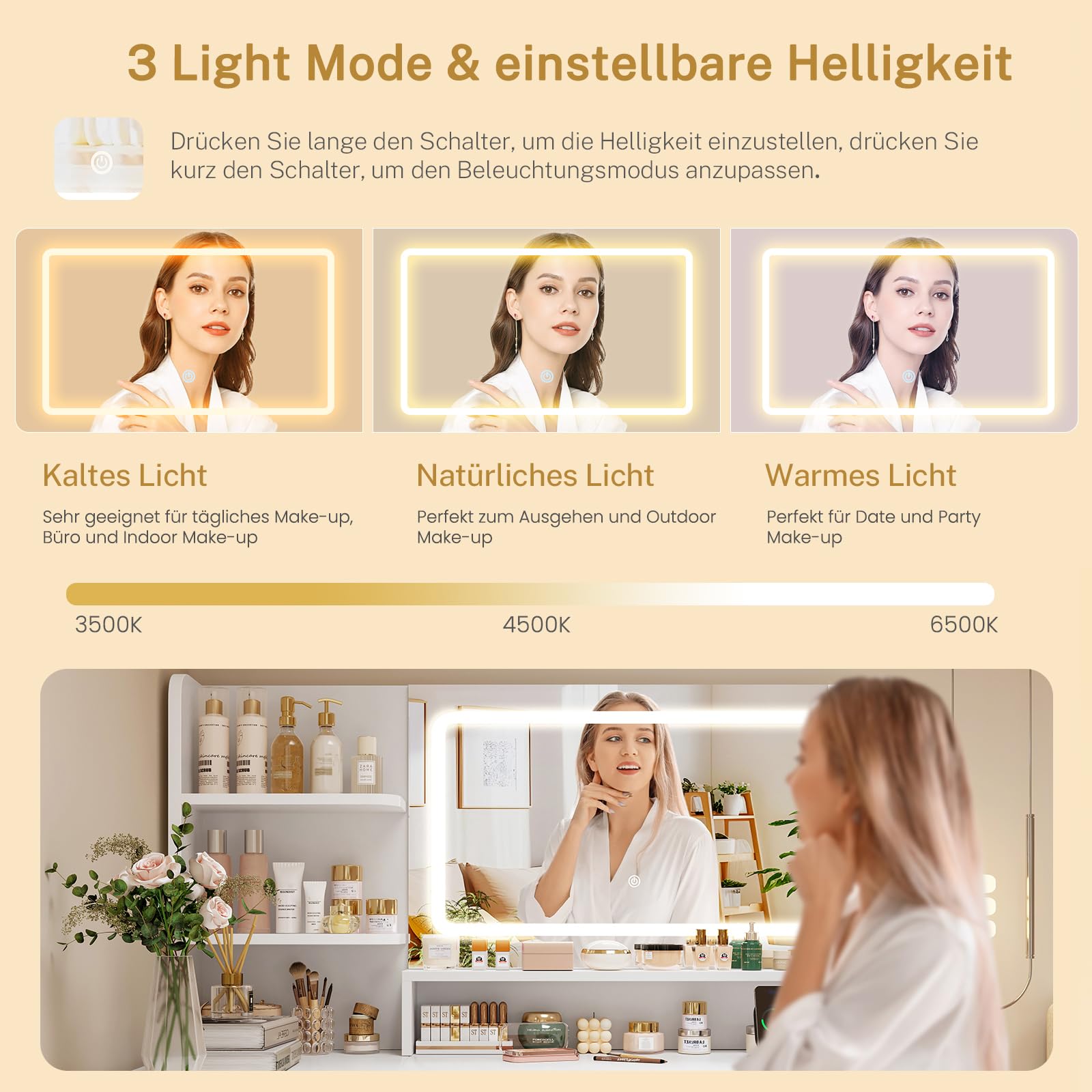 TEENFON Große Schminktisch mit LED-Beleuchtung und Spiegel, Schminktisch mit Schubladen und offene Ablage, Frisiertisch mit Steckdosen, Schlafzimmer, Weiß, 5 Schubläden+ 5 seitliche Ablageräume
