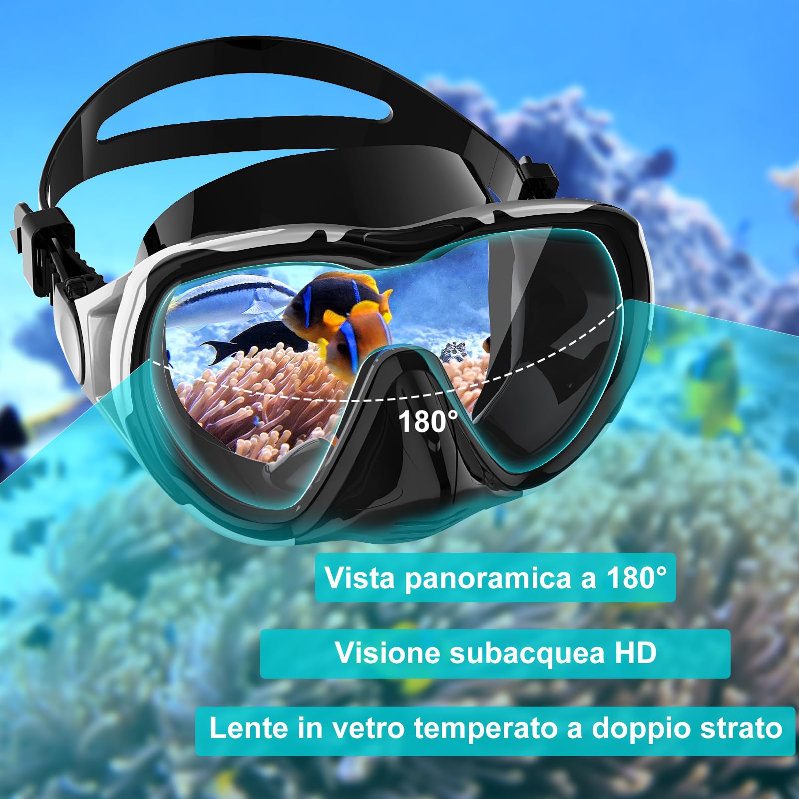 Set per Snorkeling Adulti con Maschera e Boccaglio, Maschera Subacquea Adulti, Subacquea Maschera Boccaglio, 180°, Panoramica, Anti-perdite, per Snorkeling Nuoto e Immersioni