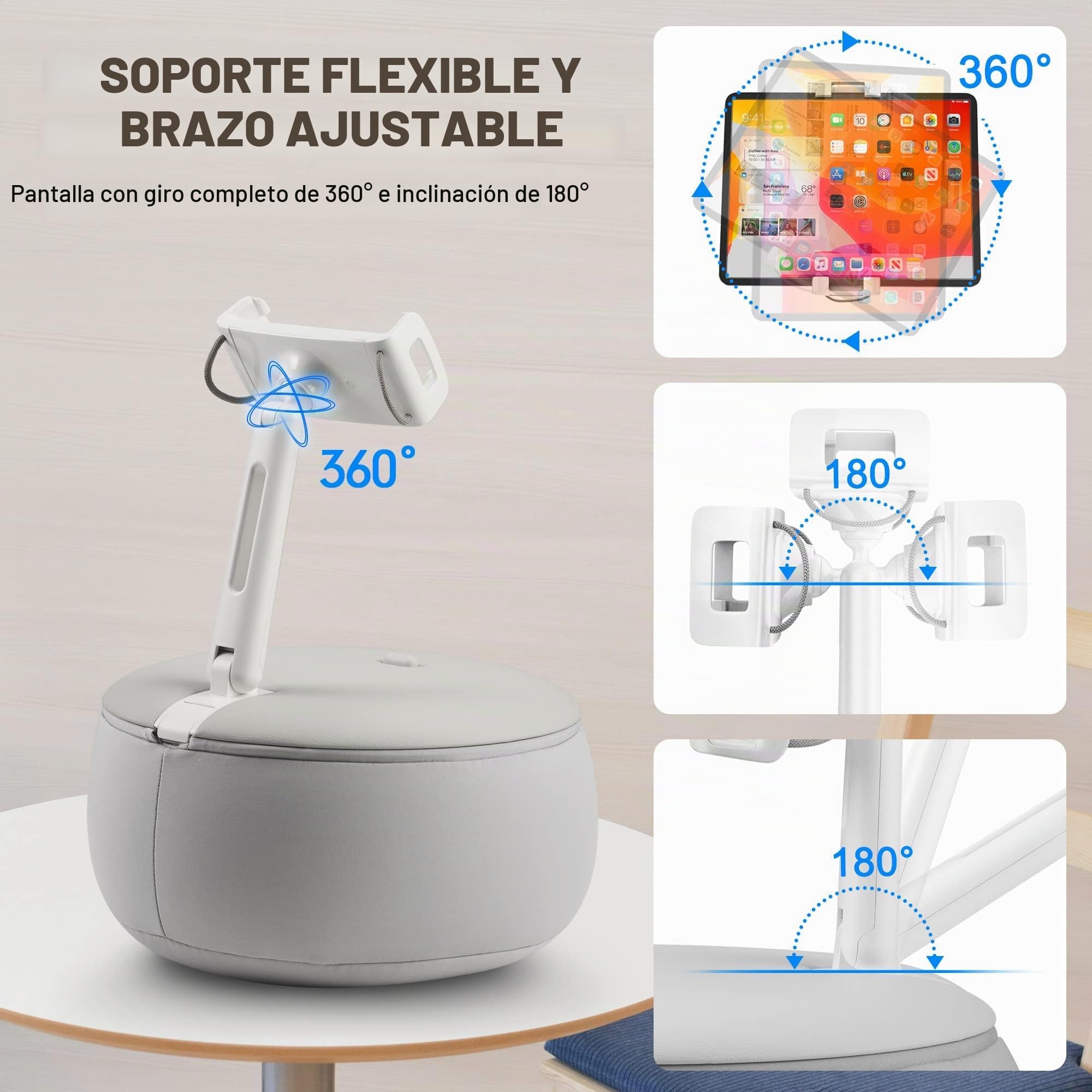 AboveTEK Soporte con Cojín para Tablet e iPad, Almohada para Cama, Sofá y Regazo, Giratorio 360° y Brazo Ajustable 180°, Manos Libres para Kindle, Tablets y Móviles de 4,7" a 12,9"