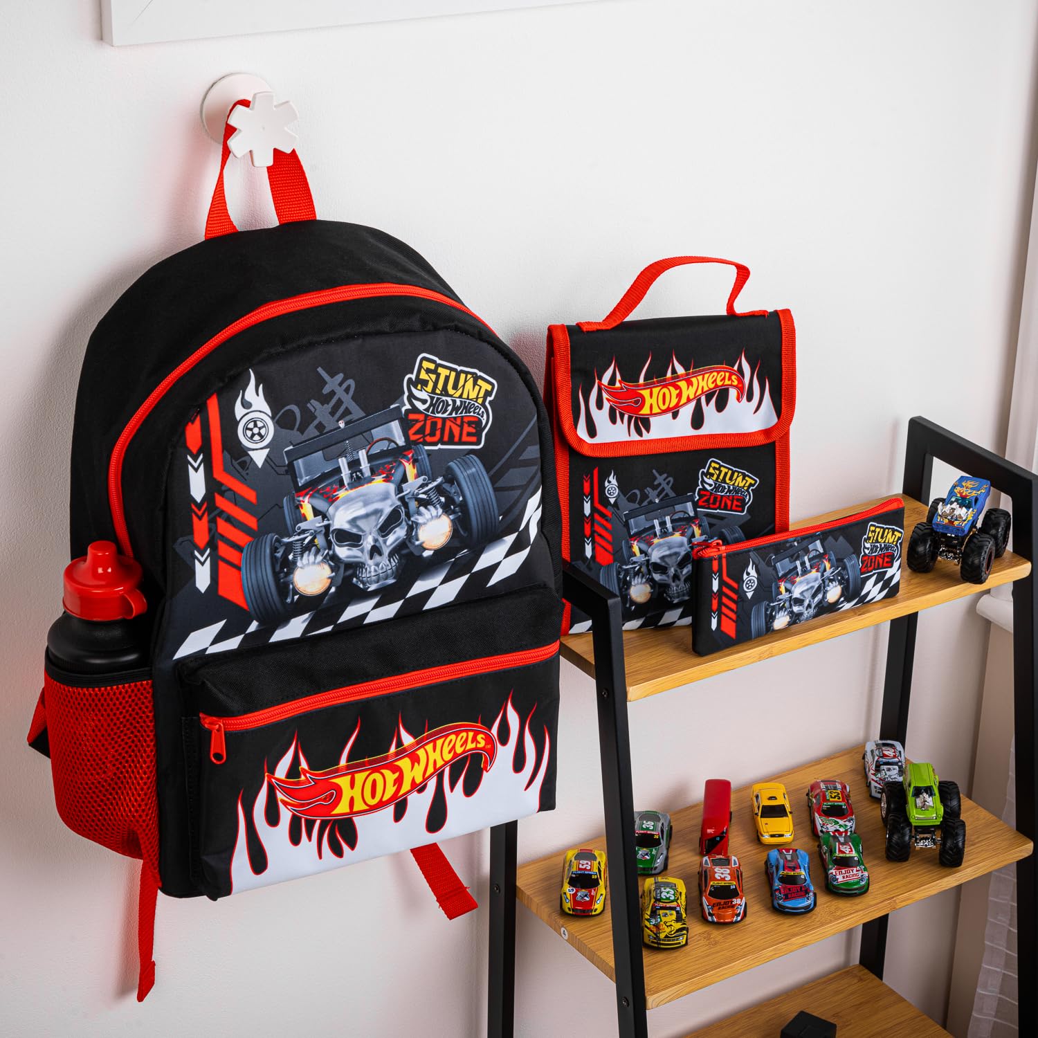 Hot Wheels Sac à dos pour enfant 4 pièces comprenant sac à déjeuner, bouteille d'eau et trousse à crayons