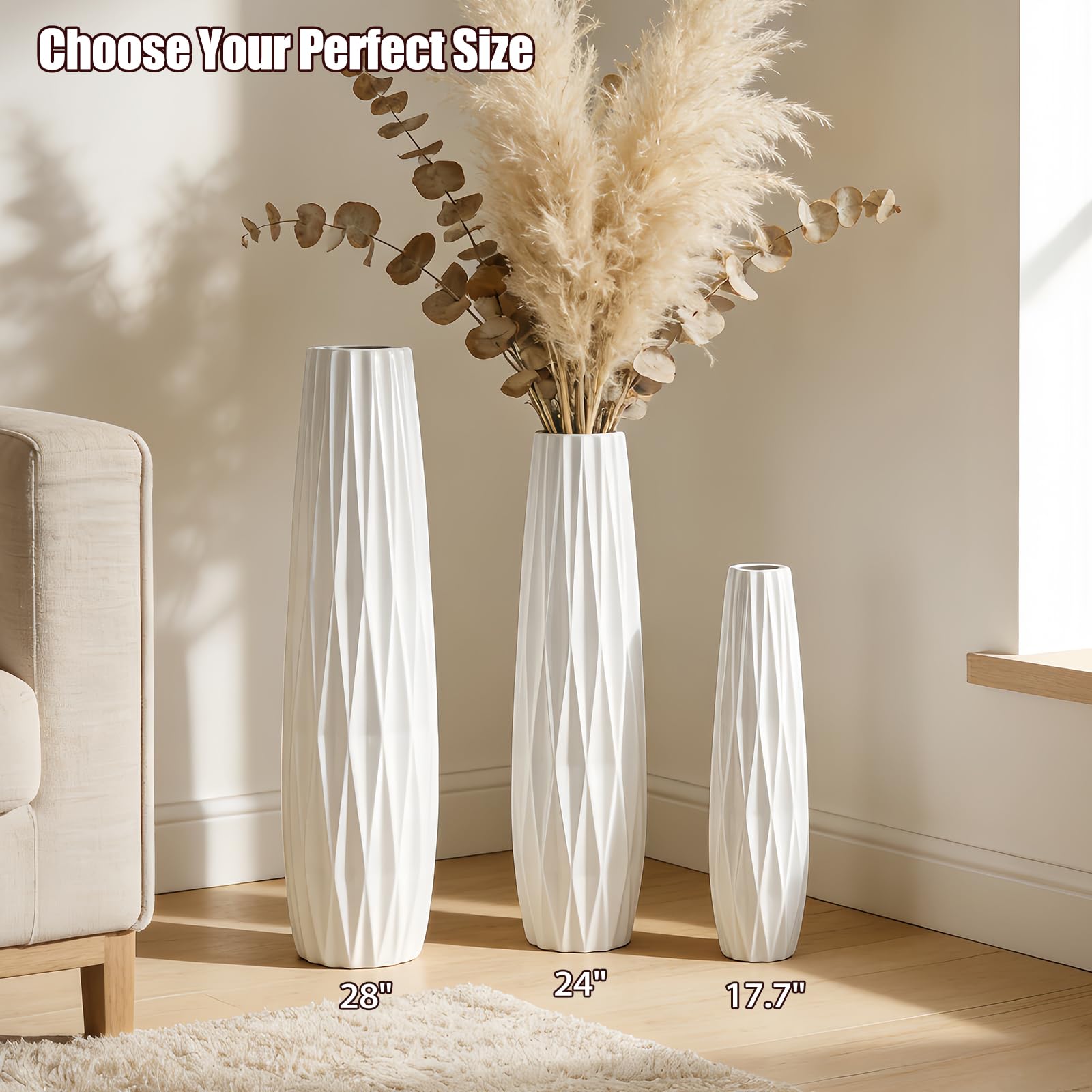 Weiße Keramikvase Bodenvase 24 Zoll/60 cm hoch Boden Blumenvase Halter dekorative große Vasen für Tisch Tafelaufsätze Regal Home Decor Wohnzimmer getrocknete Blumen Arrangement einfache Vase