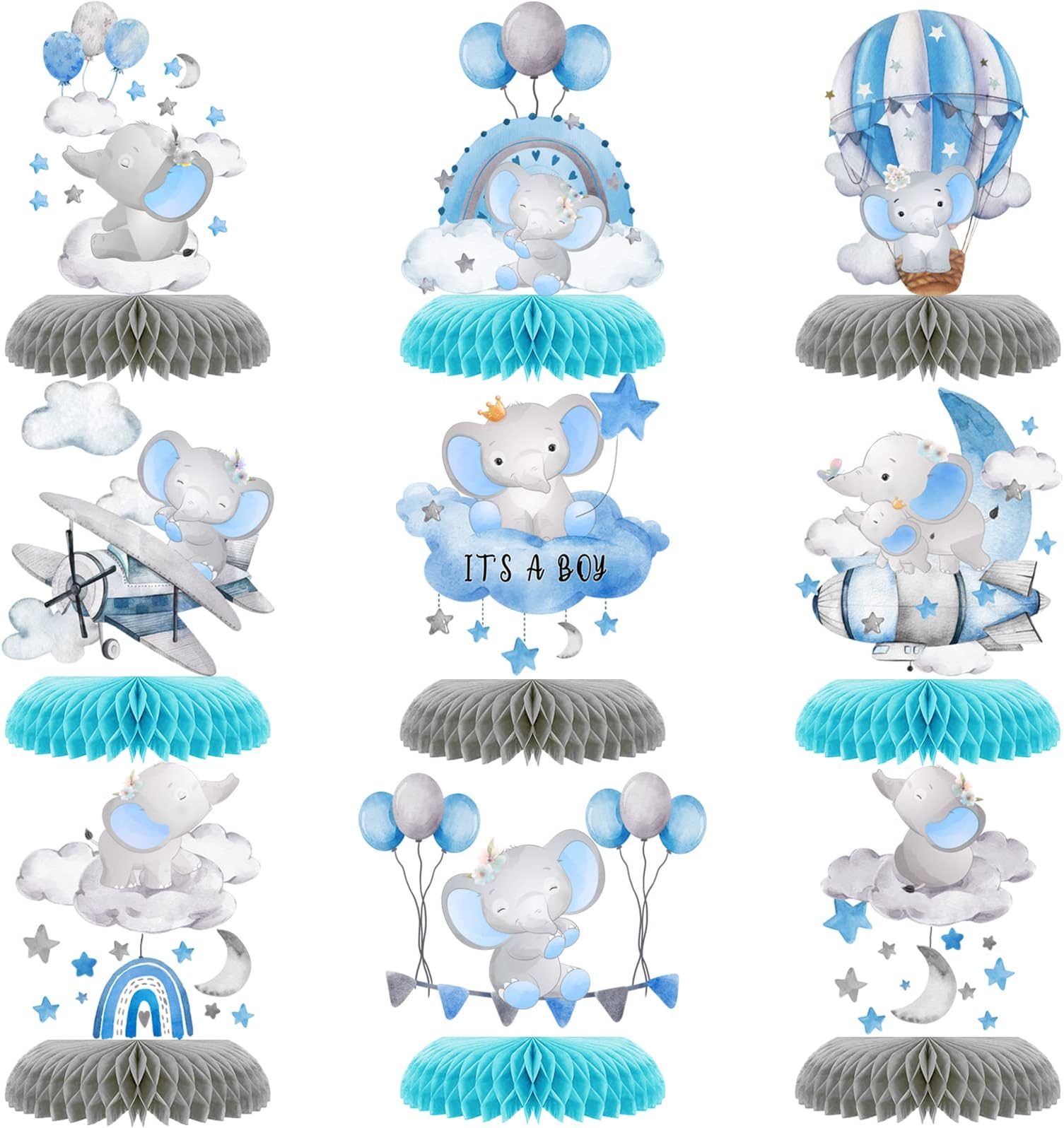 9 Pcs Elephant Baby Shower Honeycomb Centerpieces Party Decor for Boys,Cute Blue Elephant Honeycomb Balloons Star Moon Topper 3D Table Decoration for Kids Party Baby Shower Party Photo Props Supplies