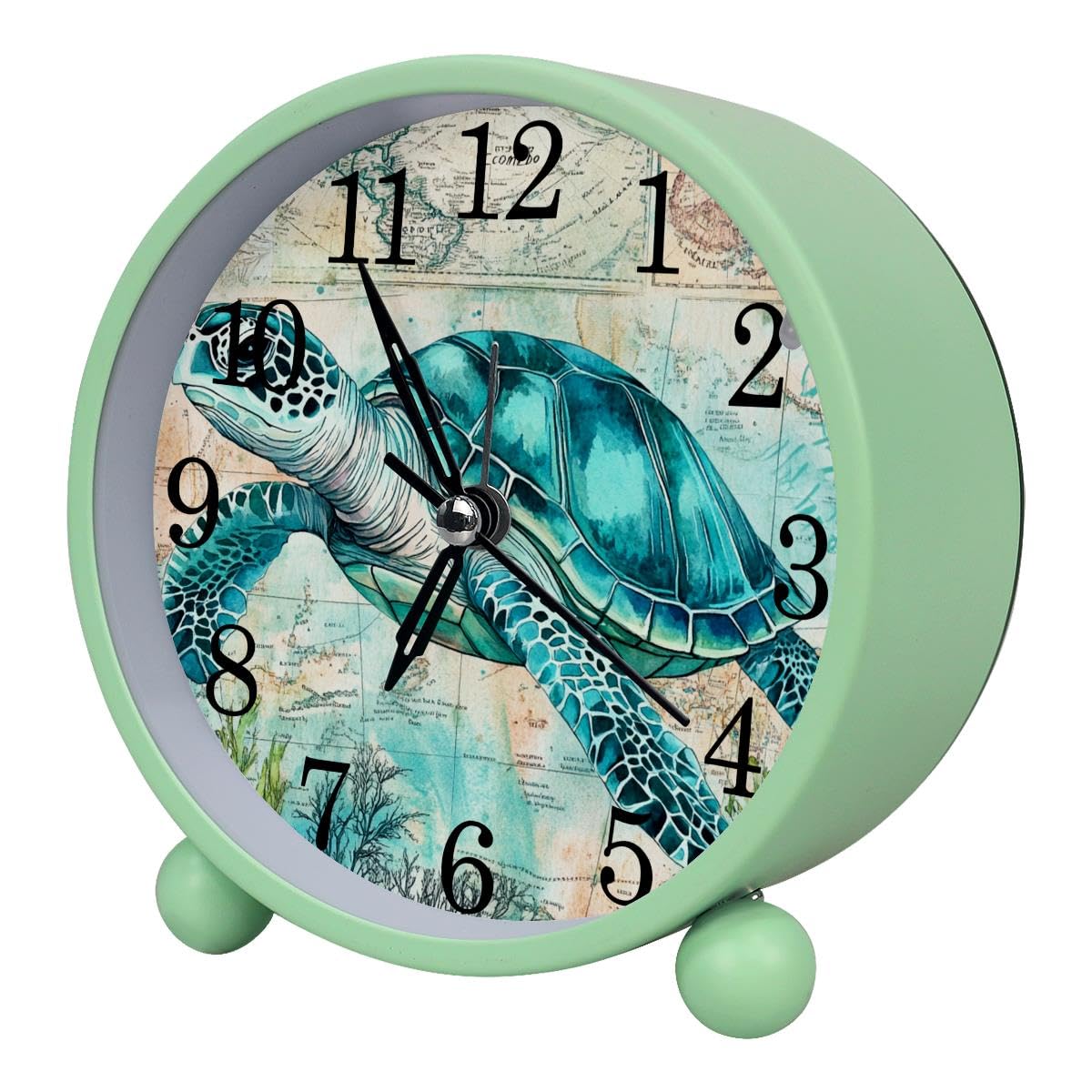 Luoweisi Alarm Clock Turtle Ocean, Silent Non-Ticking with Night Light, Round Metal Alarm Clock for Office, Battery Operated, Bedroom, Elderly, Adults, Children, Student Gifts