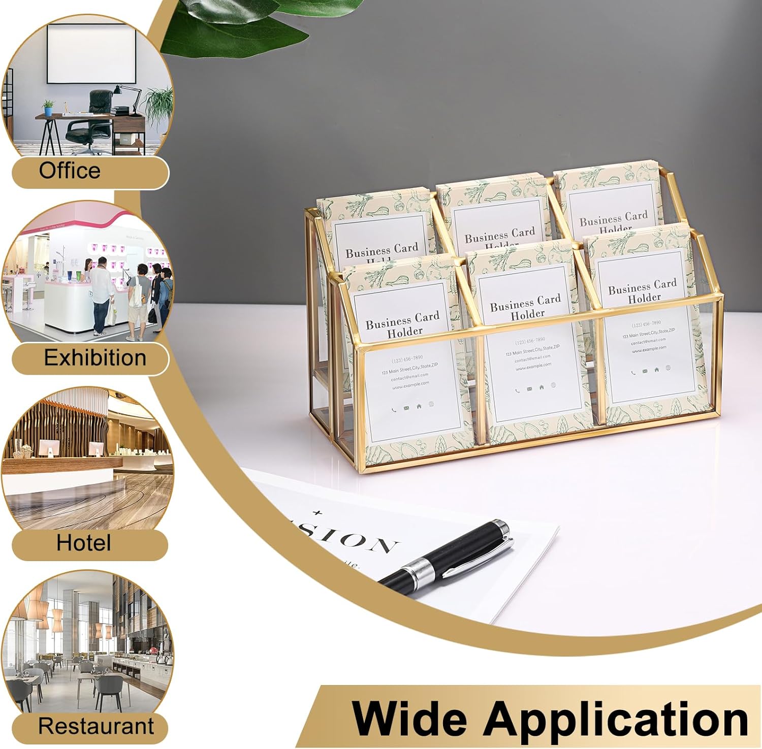 Hipiwe Business Card Display Stand Vertical Gold Name Card Holder with Mirror Metal Glass Desktop Organizer for Office Exhibition, 2 Layers 6 Slots
