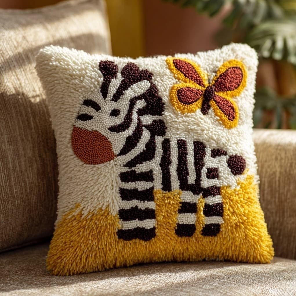 AxiangziK Latch Hook Cushion Kit 43x43cm,Zebras and Butterflies