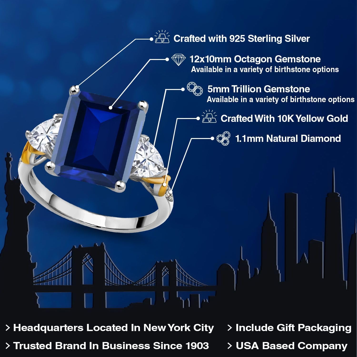 Gem Stone King 7.66 Cttw Blue Simulated Sapphire Moissanite and Diamond 3-Stone Ring For Women | 925 Silver and 10K Yellow Gold | Gemstone Birthstone | 12X10MM Emerald Cut and 5MM Trillion