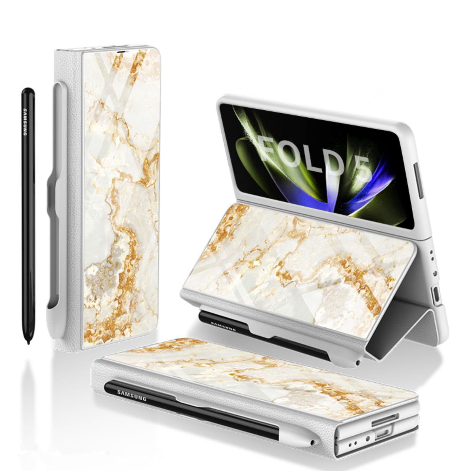 Custodia Etui do Z Fold5 etui z klapką + otwór na długopis, stojak, skóra folio, szklany blat, osłona przednia, etui na telefon komórkowy z klapką do Samsung Galaxy Z Fold5 (9)
