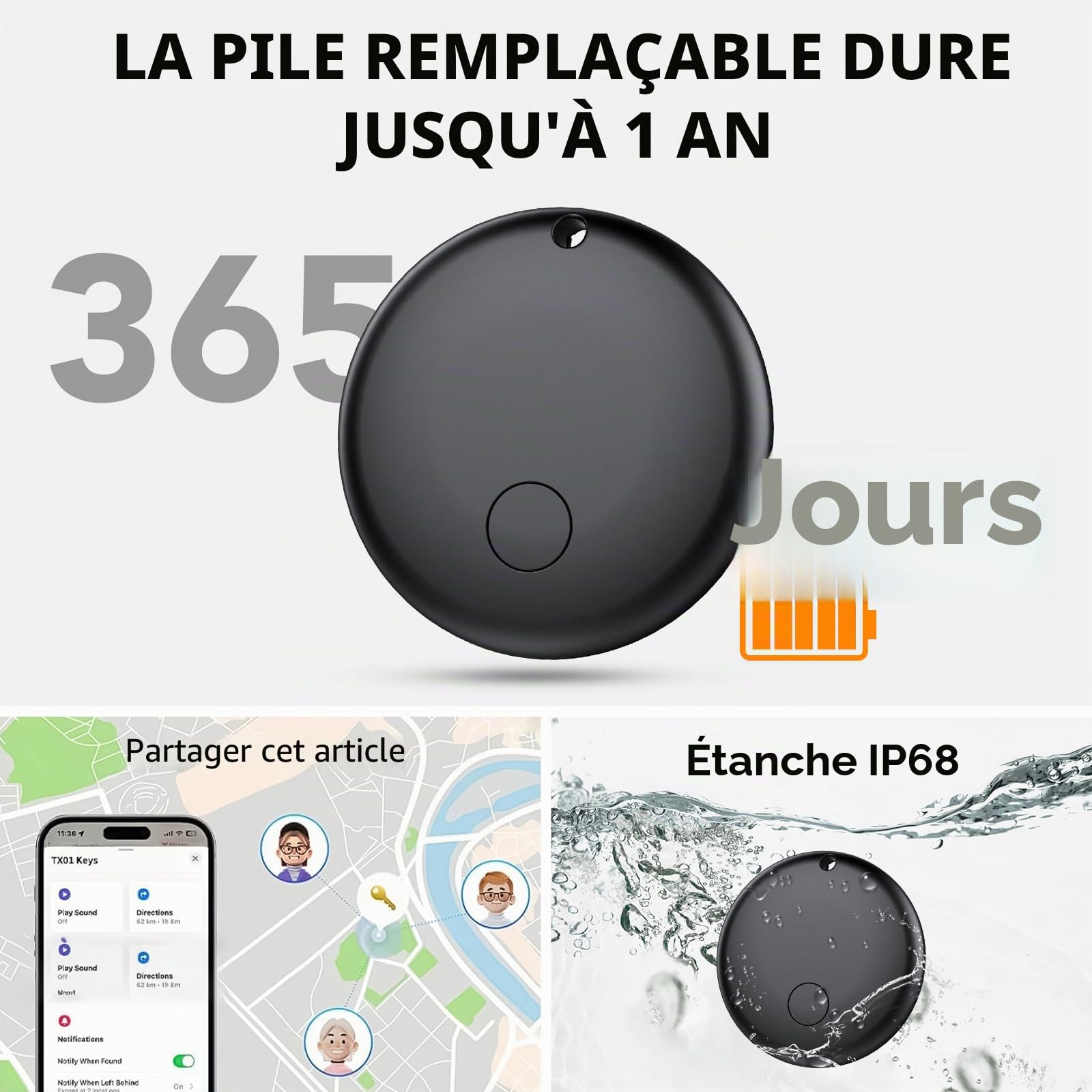 Android Smart Tag, Traceur Lot de 4, Fonctionne avec l’app Google Localiser (Uniquement Android), Équipé d'un Étui de Protection, IP68 Imperméable, pour Les clés/Portefeuilles/Valises, Noir