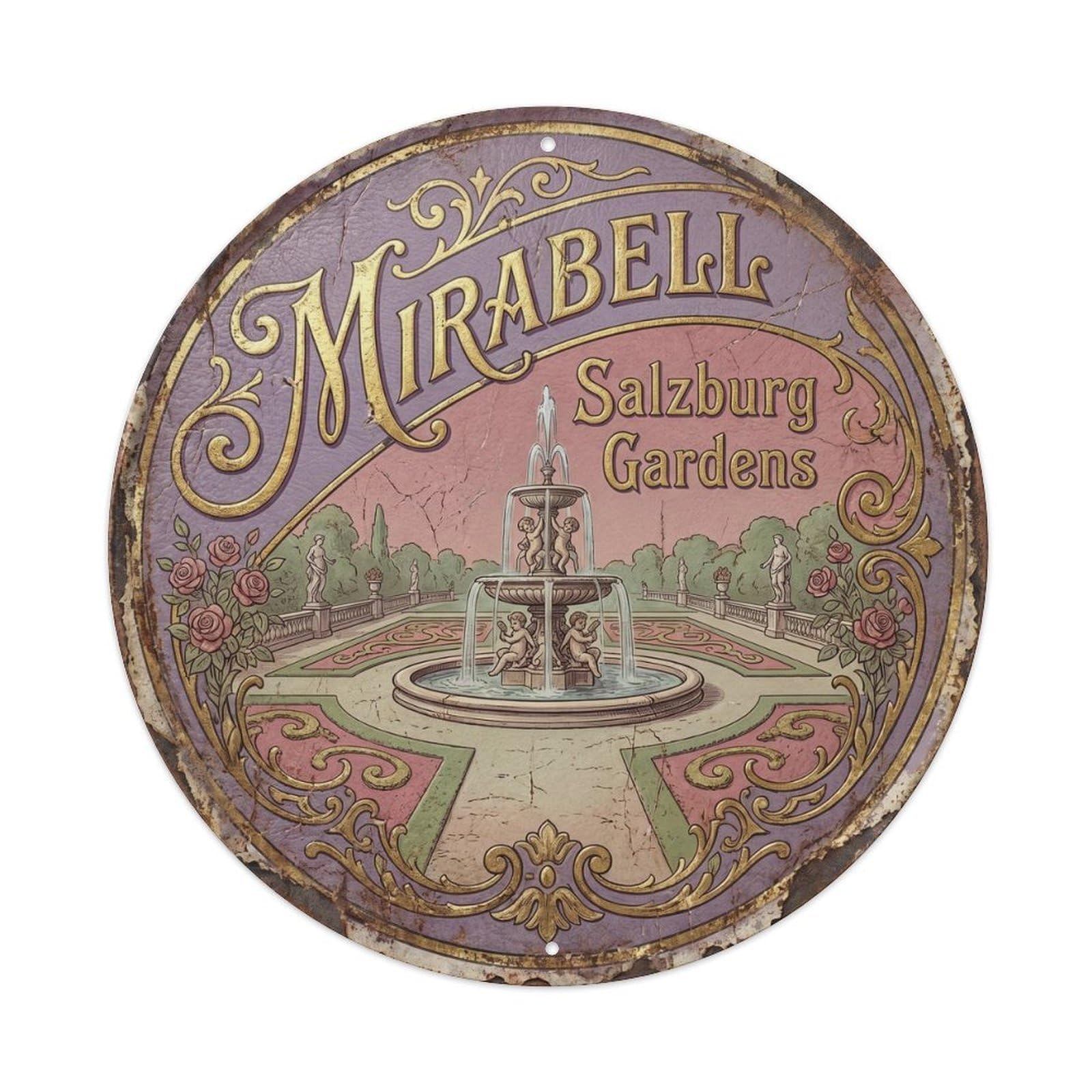 Cmhok Vintage Style-10 Vintage Travel Mirabell Austria Artwork Metal Tin Sign Plaque Wall Decor For Cafe, Club, Garden Round Metal Poster 8X8inch