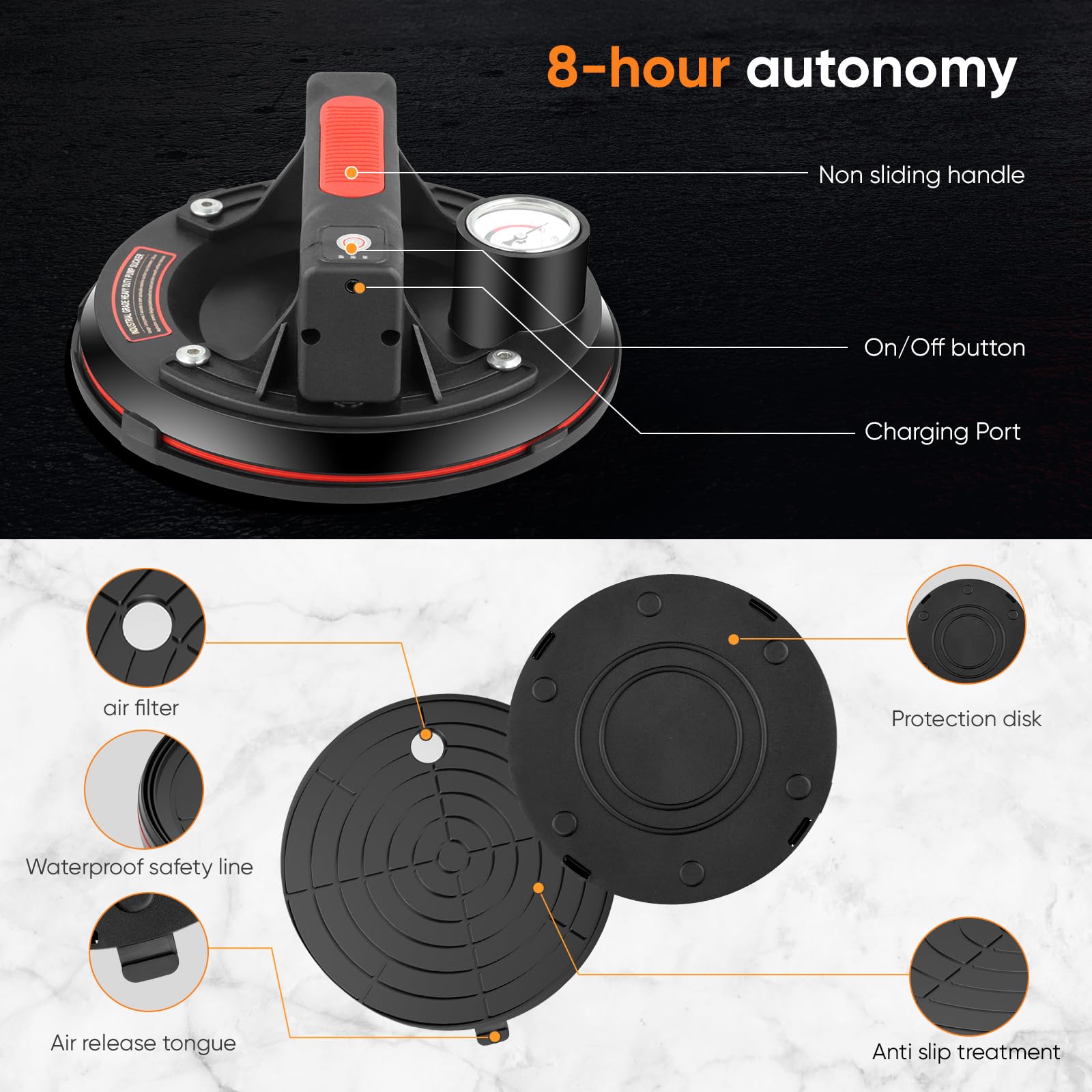 Ventouse Carrelage Electrique avec Manomètre Pompe Ventouse de Levage en Verre, 1 Pièces 8" Ventouse Vitre Professionnelle Jusqu'À 300 kg avec Boîte à Outils Portable Accessoires