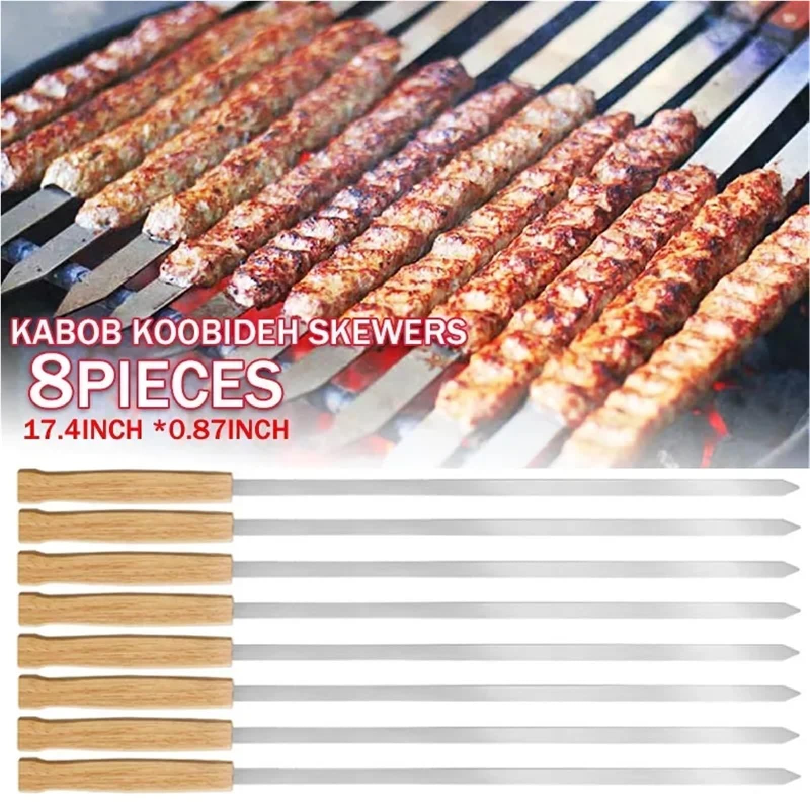 Pinchos Acero Inoxidable 6/8 brochetas de kebab Koobideh 17 pulgadas acero inoxidable for barbacoa, reutilizables, con mango madera(8 pcs)