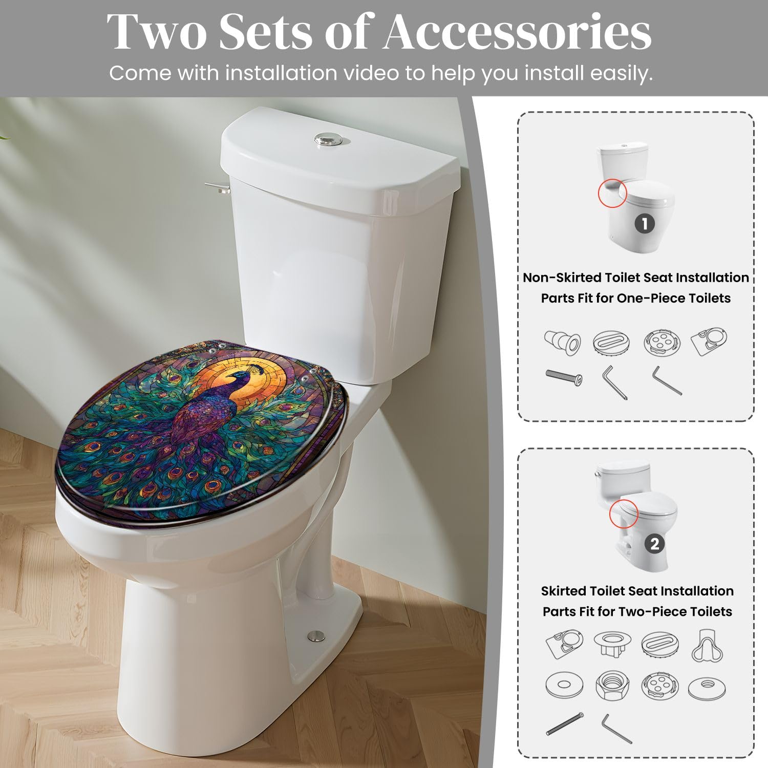 Sedile WC rotondo in resina decorativa di alta qualità, con maestosa decorazione effetto marmo e vetrata, cerniere a chiusura ammortizzata e sgancio rapido, paracolpi e coperchio, facile da installare