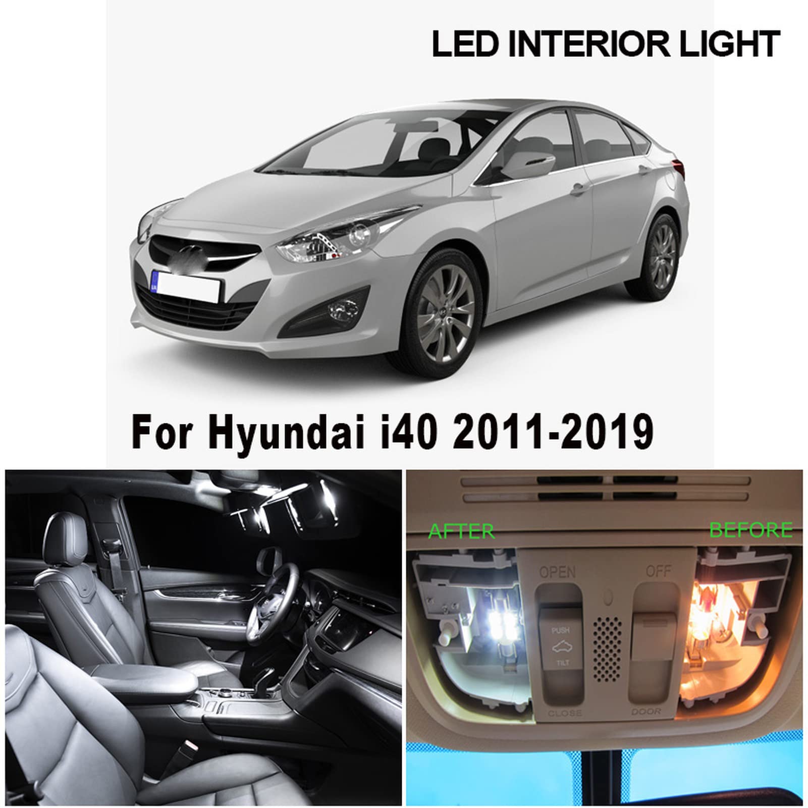 16 pièces Blanc Canbus LED intérieur Carte dôme liseuse Kit, pour Hyundai i40 2011-2016 2017 2018 2019 Pied Plaque d'immatriculation Lampe