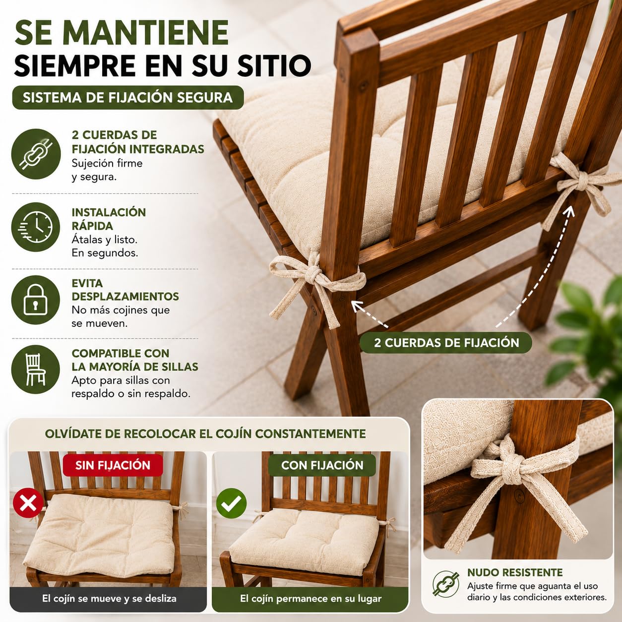 TIENDA EURASIA – Pack Cojines Sillas | Material Tela (Poliéster) | Material de Relleno 100% Poliéster | Tamaño 40x40x7 cm | 2 Cordones de Sujeción | Cojines Exterior Jardín (Beige, Pack 4)
