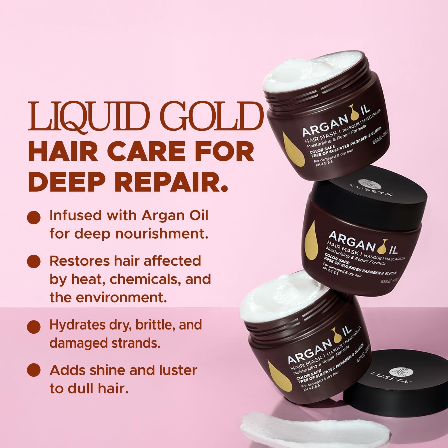 LUSETA Maschera con Olio d'Argan, ripara e idrata i capelli secchi e danneggiati, senza coloranti e solfati, 500 ml