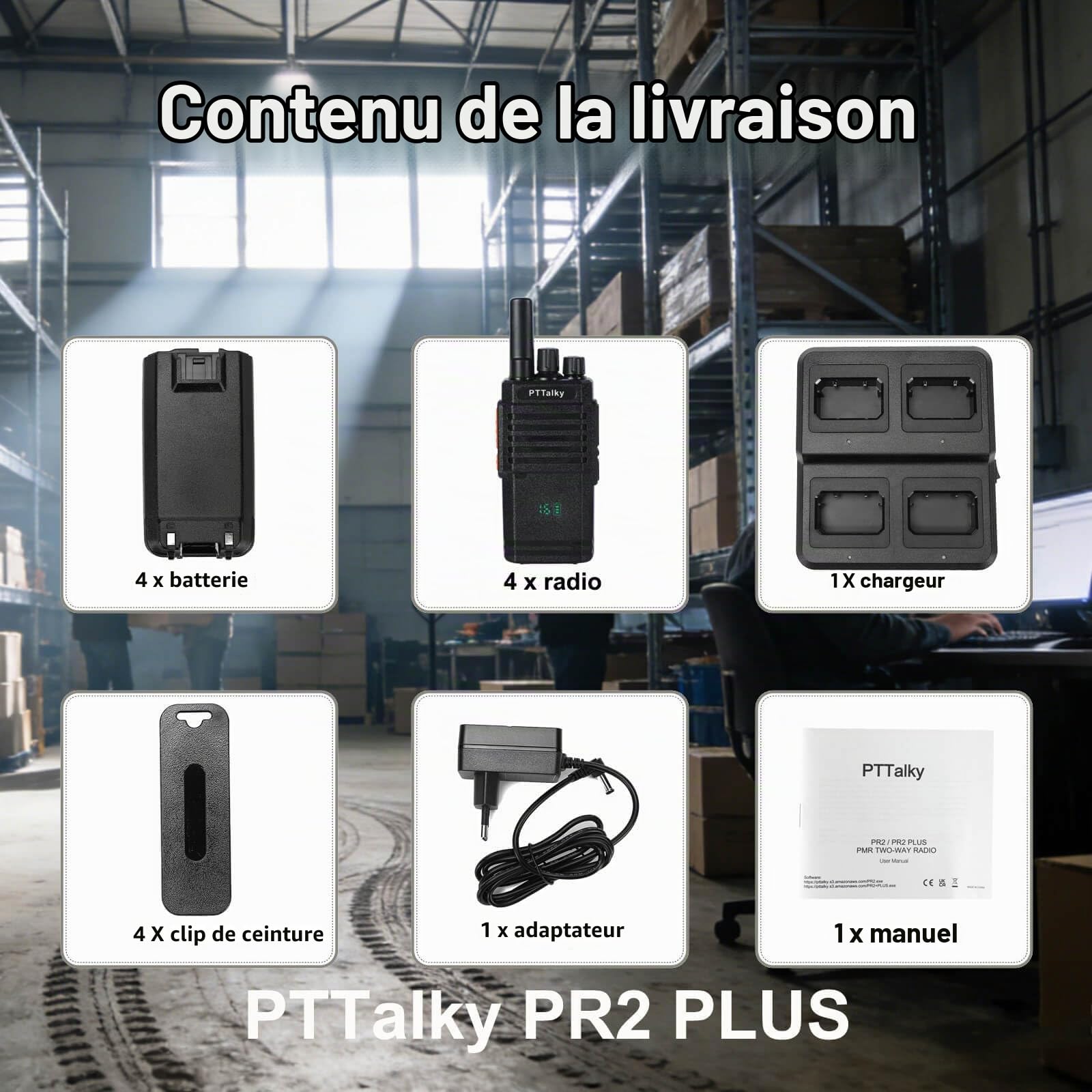 PTTalky PR2 Plus Talkie Walkie avec écran Professionnel avec Chargeur à 4 | Longue Portée Walkie Talkie pour hôtels Restaurants Sécurité 4 Pièces