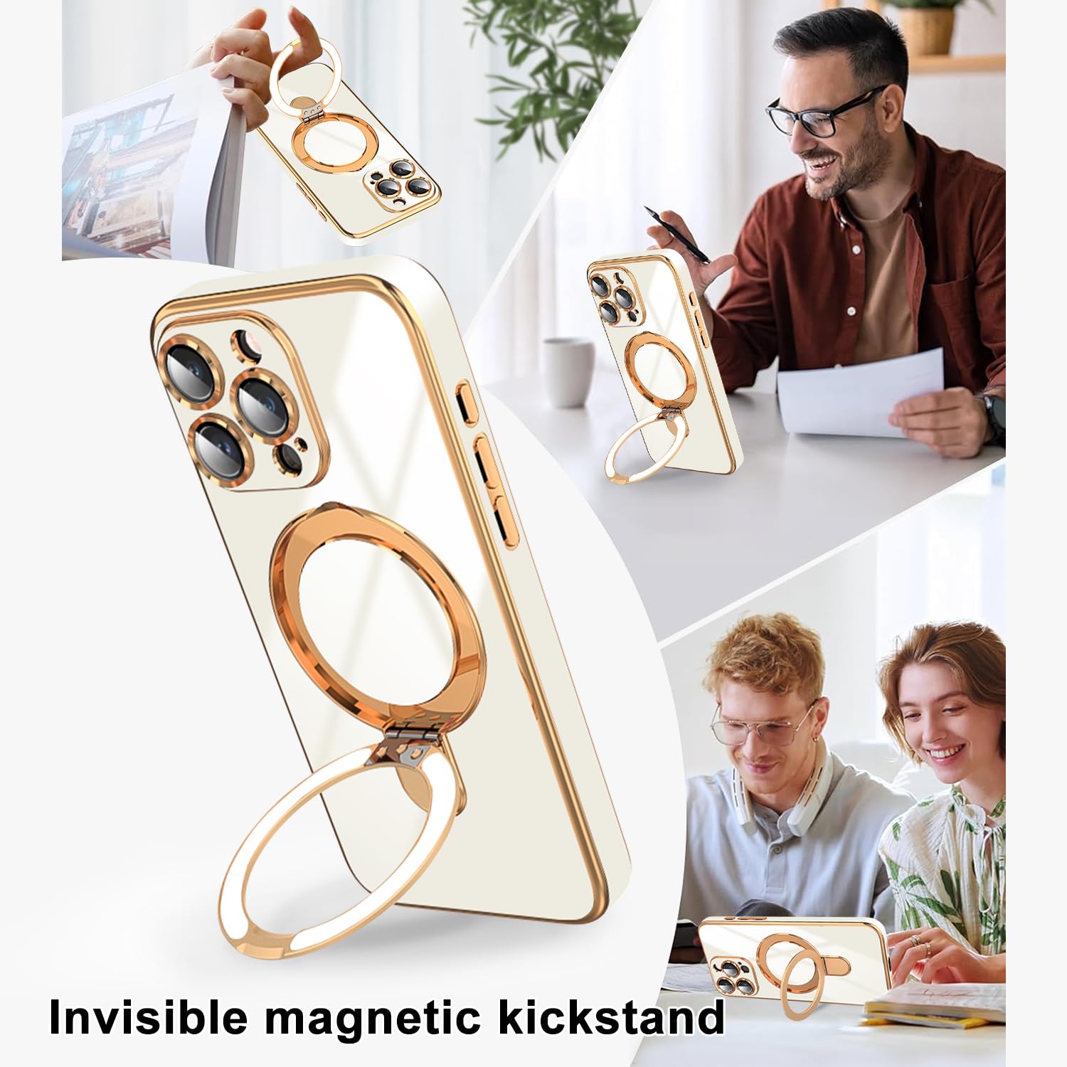 Dinick White for iPhone 15 Pro Max Case with Magnetic Ring Holder Kickstand [Compatible with MagSafe] [Built-in Camera Lens Protector] Glitter Gold Electroplated Slim Case for iPhone 15 Pro Max