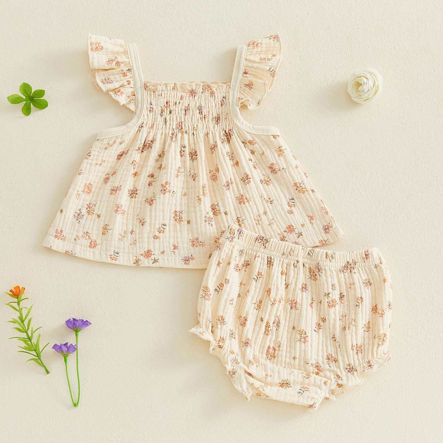 TheFound Baby Girl Summer Outfit Floral Print Fly Sleeve Ruffled Top Bowknot Elastic Waist Short Casual Toddler Baby Clothes - Image 6