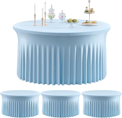 Paquete de 4 manteles redondos de elastano azul bebé de 120 pulgadas para mesas de 60 pulgadas, sin arrugas, manteles redondos elásticos de color