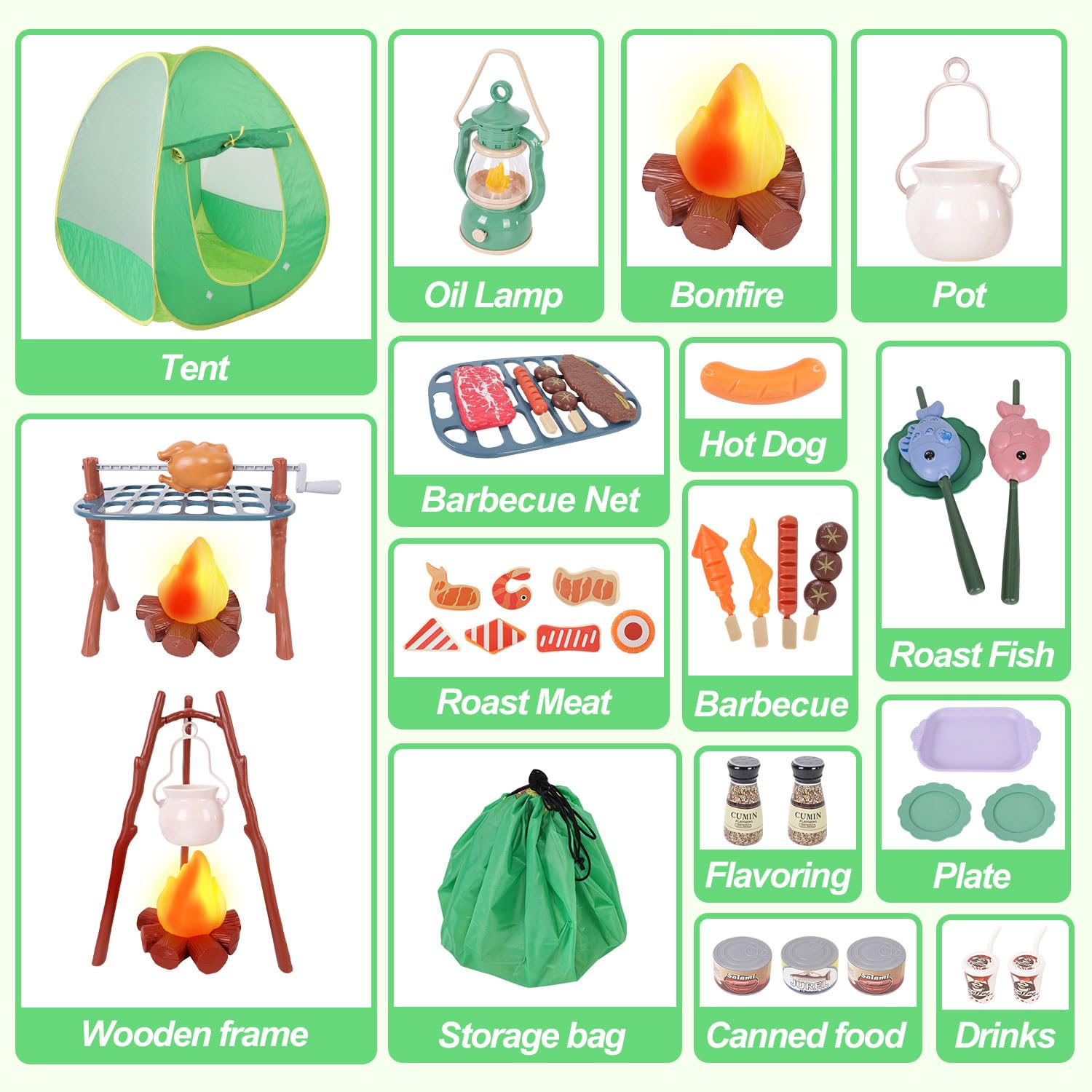 Juego de campamento para niños con tienda de campaña de juegos, fogata, linterna, juego de campamento para interiores y exteriores con tienda de campaña desplegable, juego de juguetes de 4