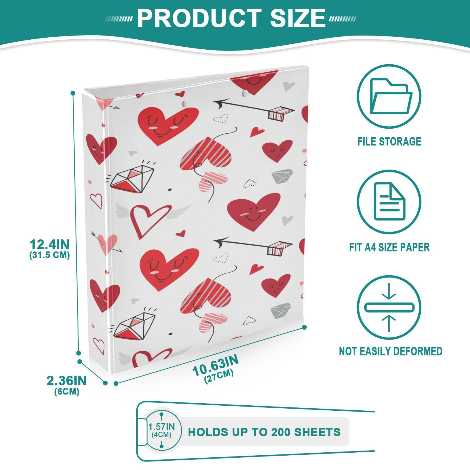 SKYSHU Love Heart - Raccoglitori ad anelli rotondi con 3 tasche interne in PVC trasparente, impermeabili, robusti, 3,8 cm, con clip in metallo antiscivolo, raccoglitori versatili per 200 fogli,